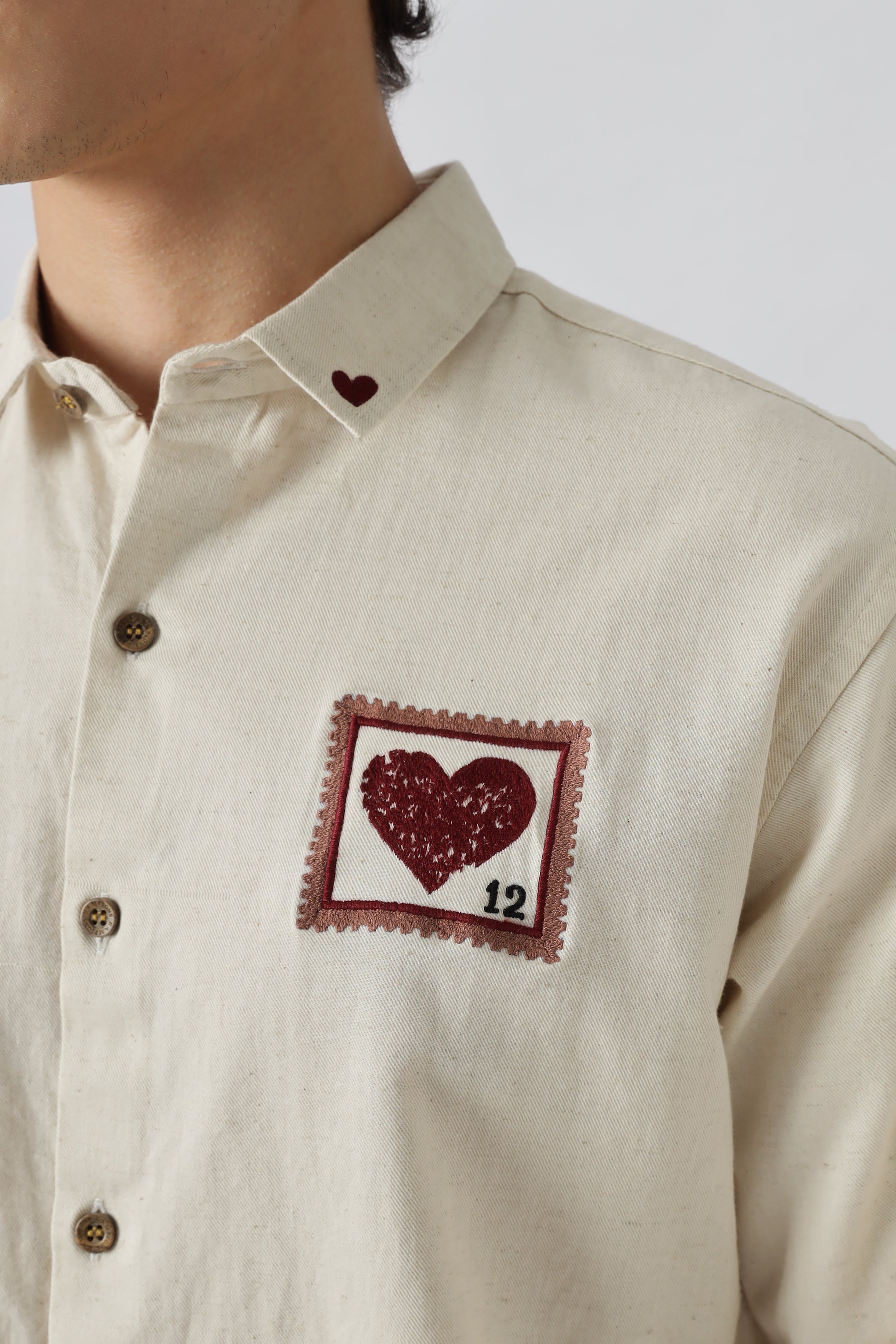 Love Letter 12 Cotton Regular Fit Beige Embroidered Shirt