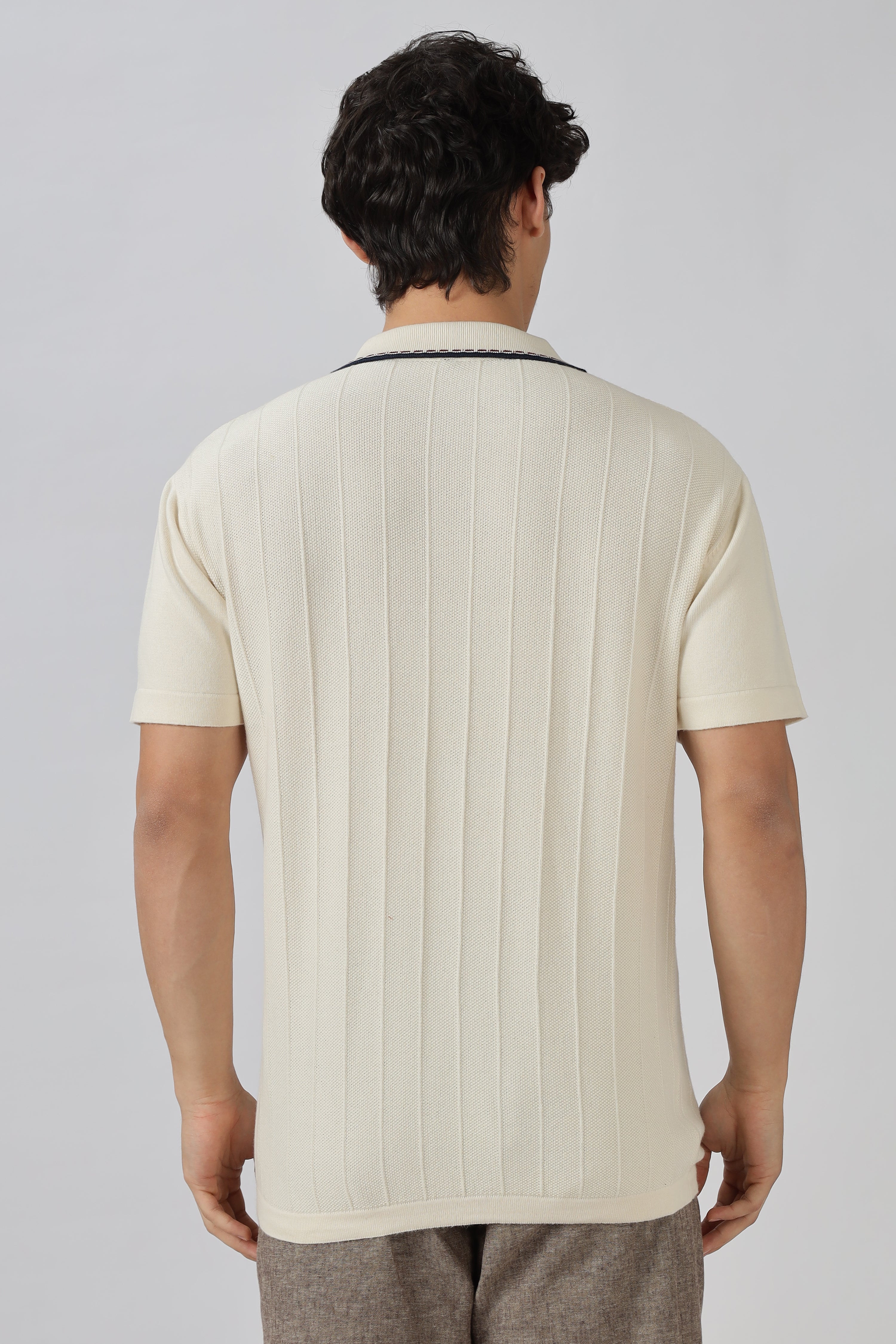 Ivory Riviera Knit Slim Fit Cream Polo T-Shirt