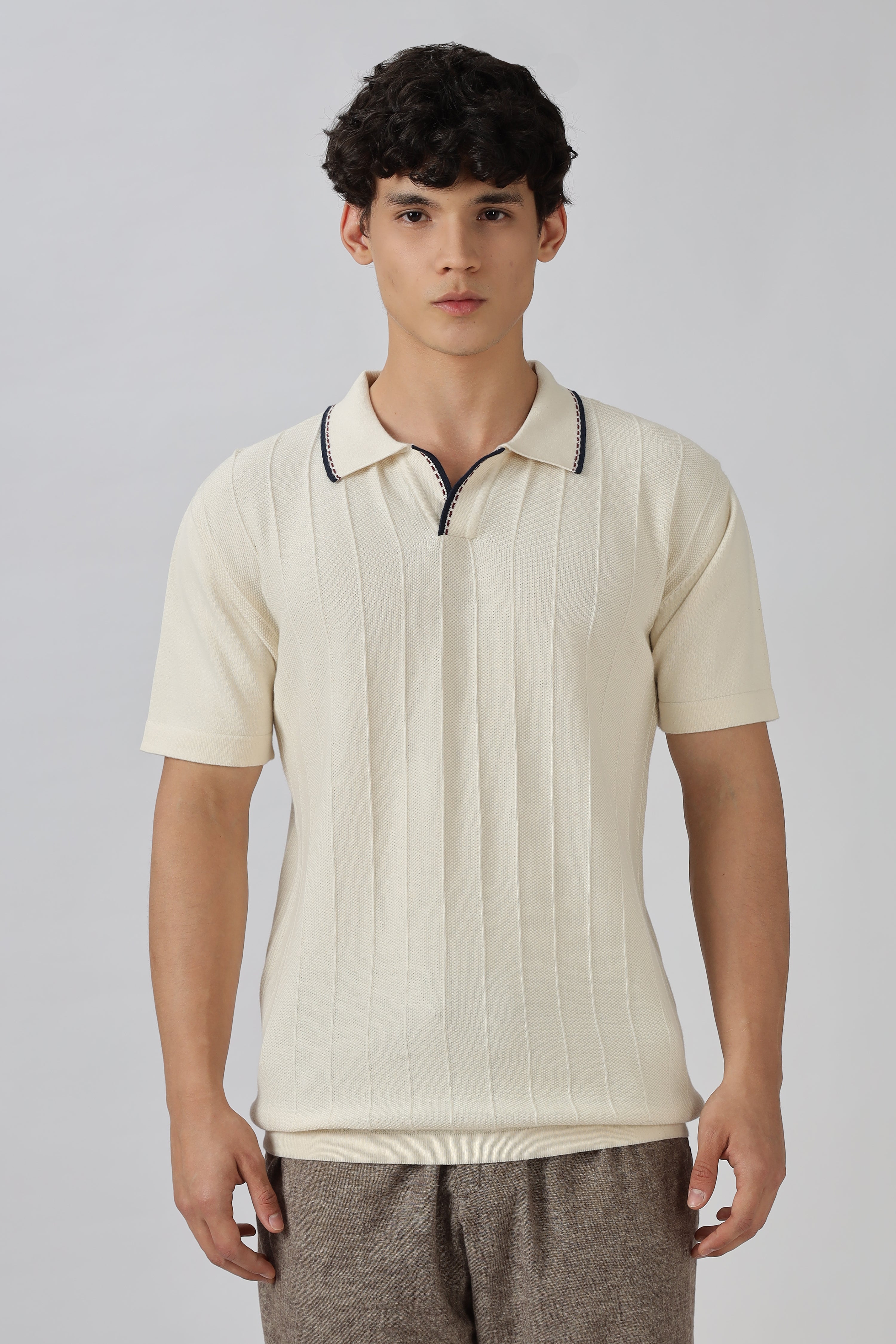 Ivory Riviera Knit Slim Fit Cream Polo T-Shirt