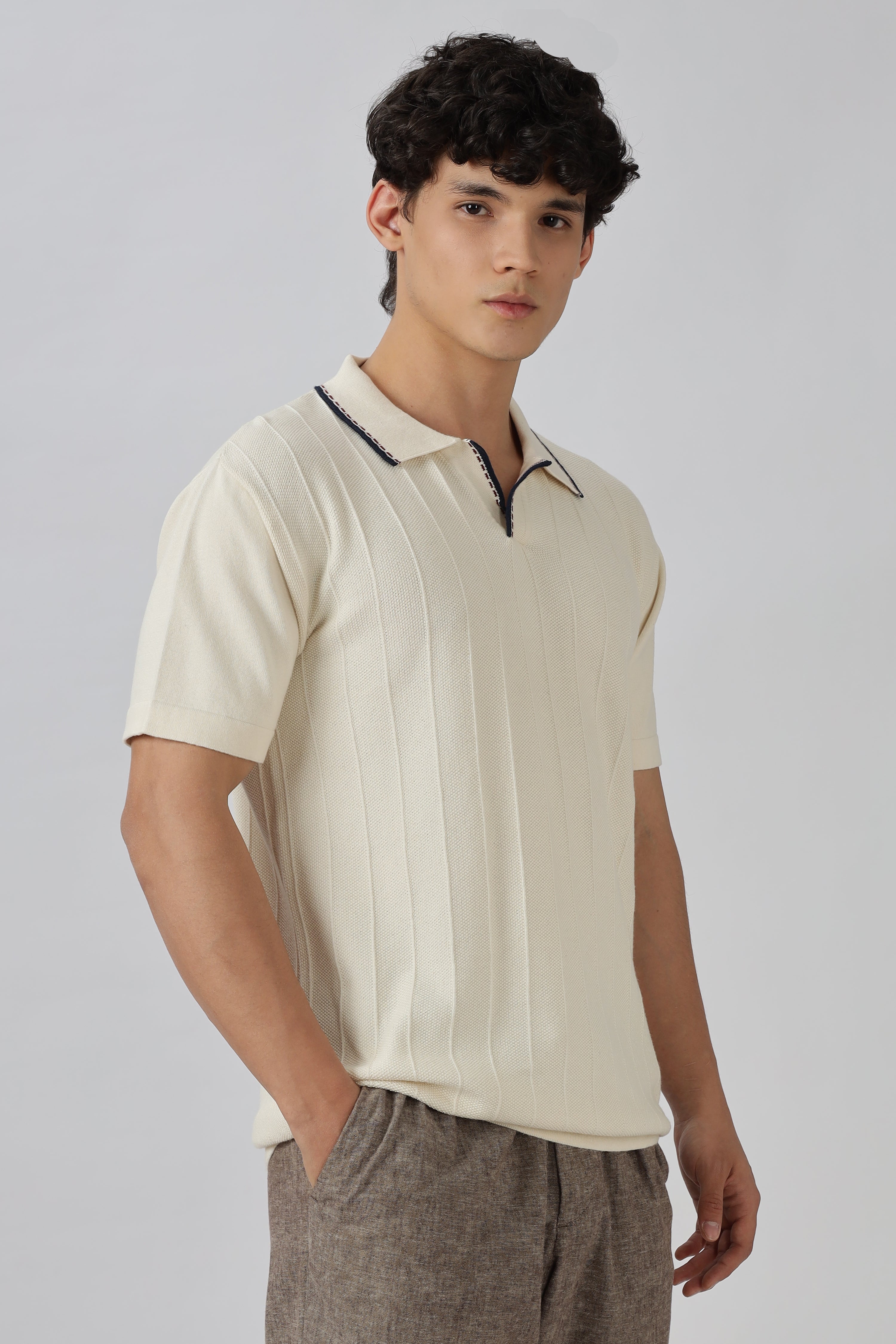 Ivory Riviera Knit Slim Fit Cream Polo T-Shirt