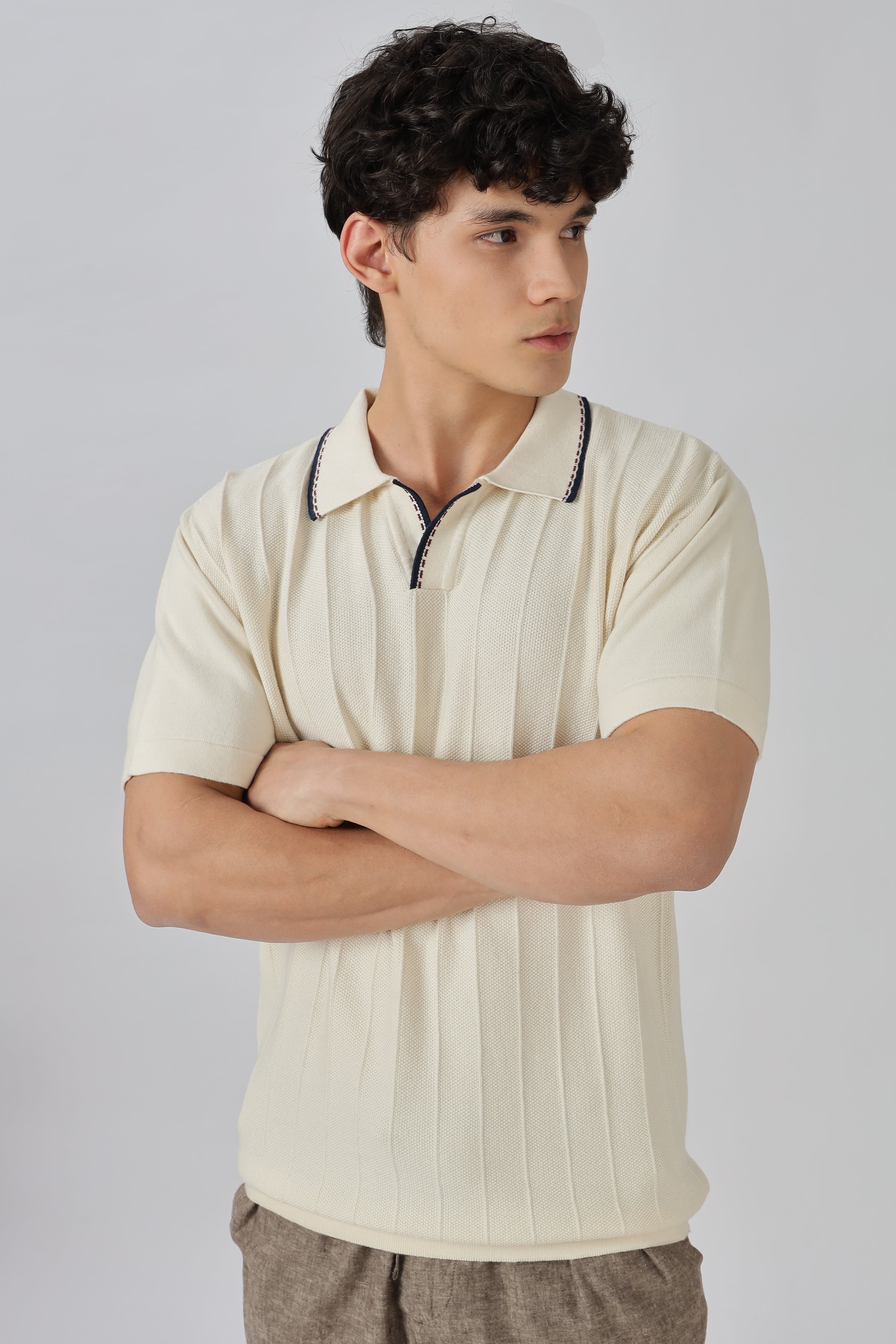 Ivory Riviera Knit Slim Fit Cream Polo T-Shirt