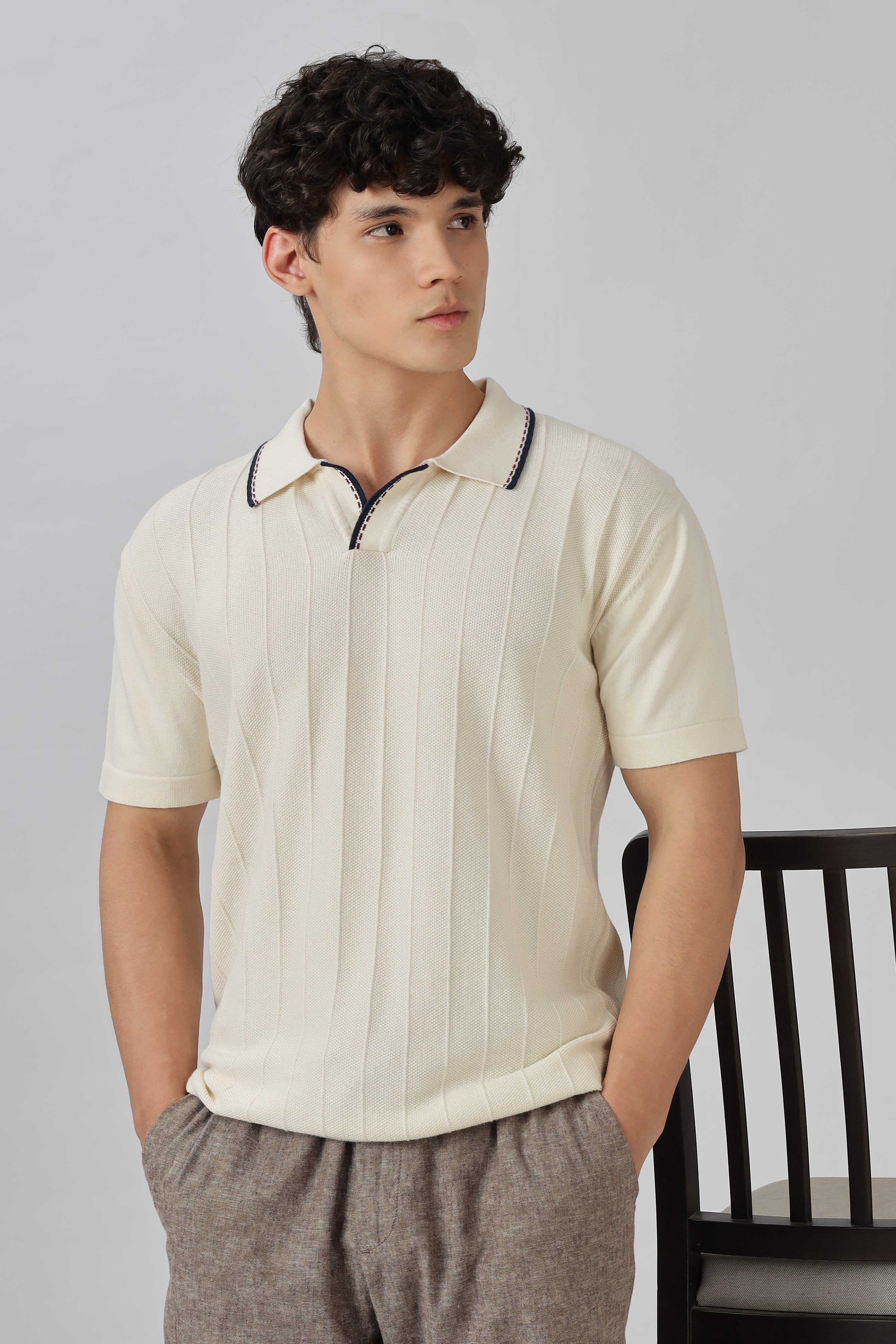 Ivory Riviera Knit Slim Fit Cream Polo T-Shirt