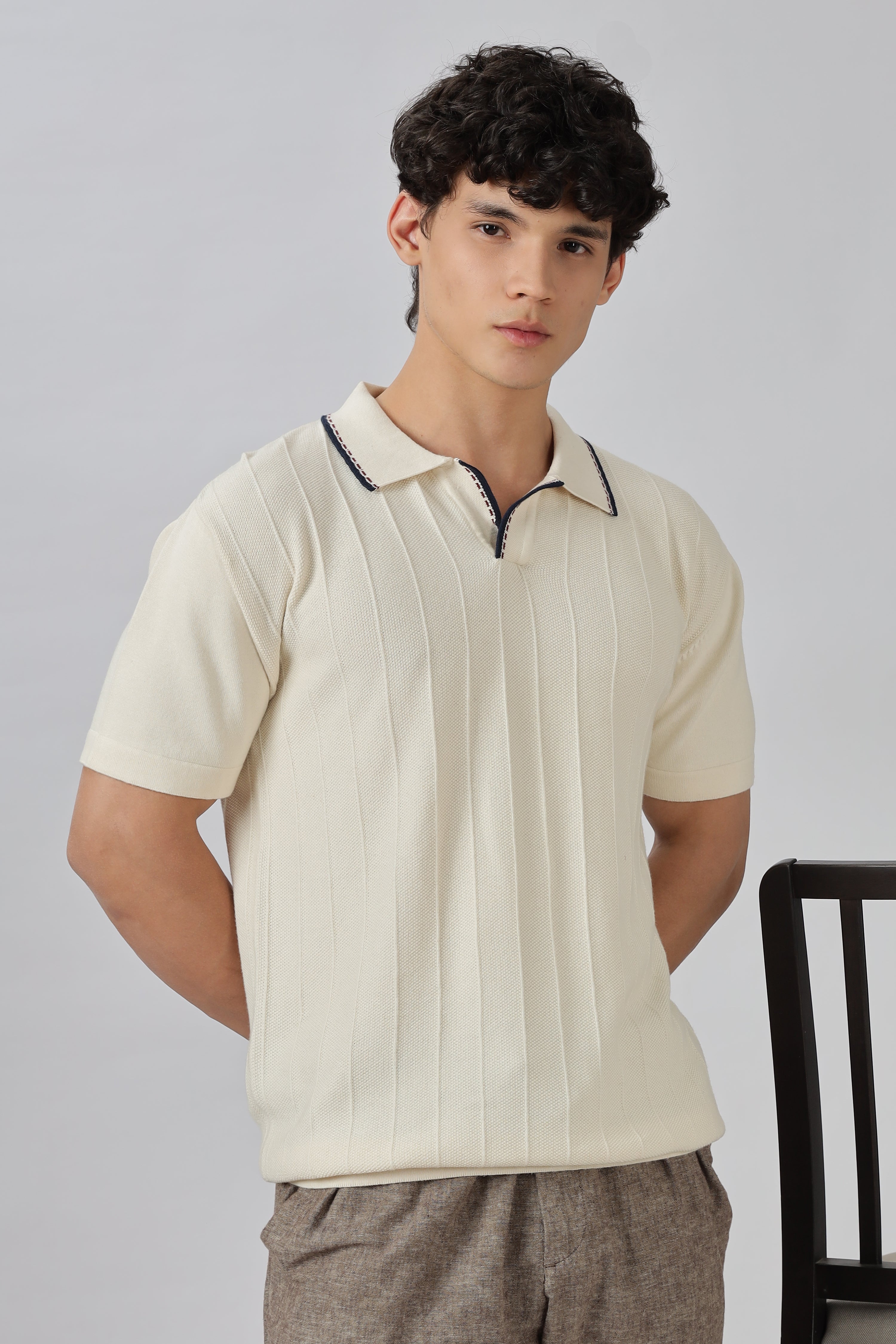 Ivory Riviera Knit Slim Fit Cream Polo T-Shirt