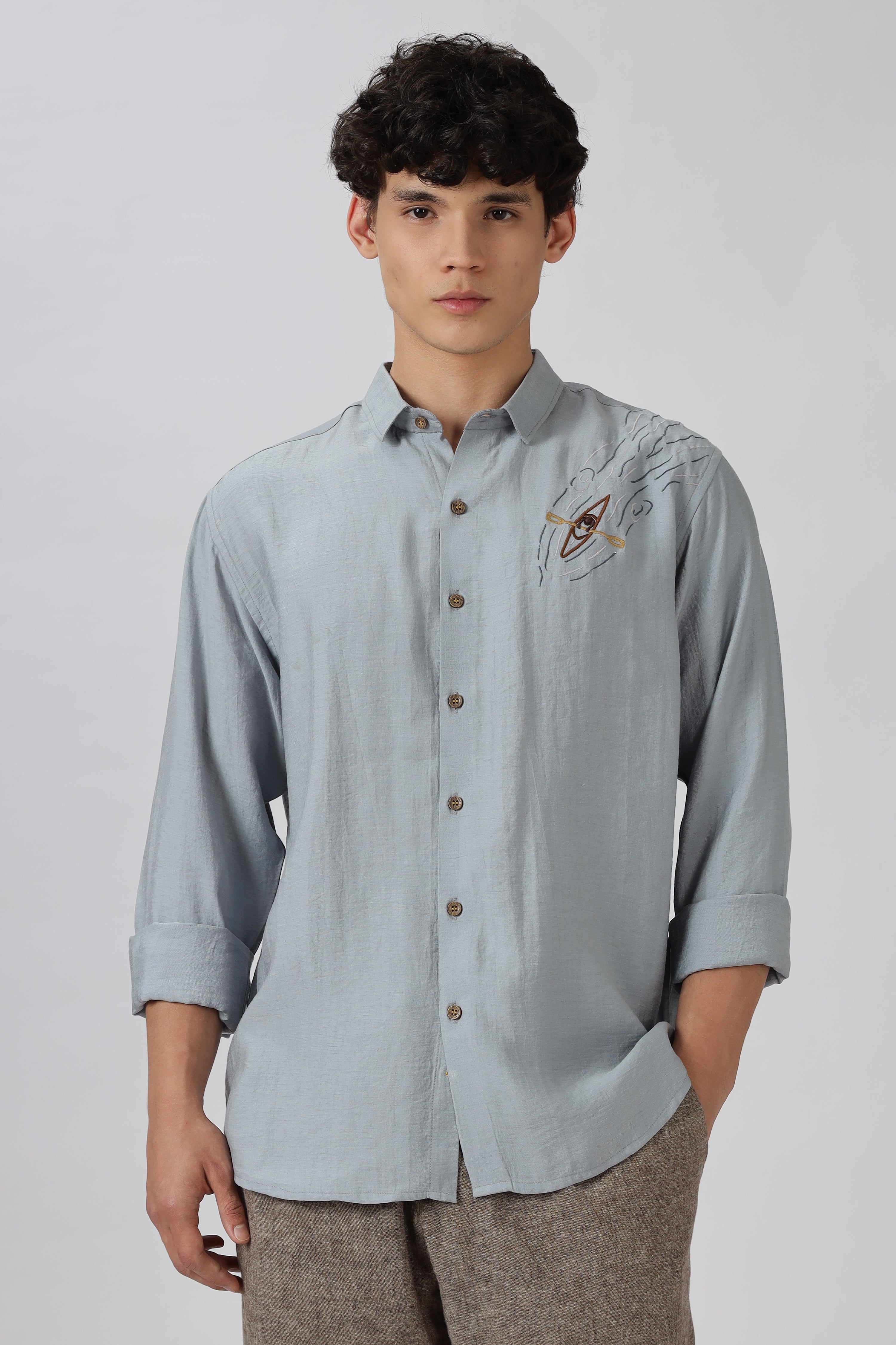 Driftwood Kayak Cotton Regular Fit Pool Blue Embroidered Shirt