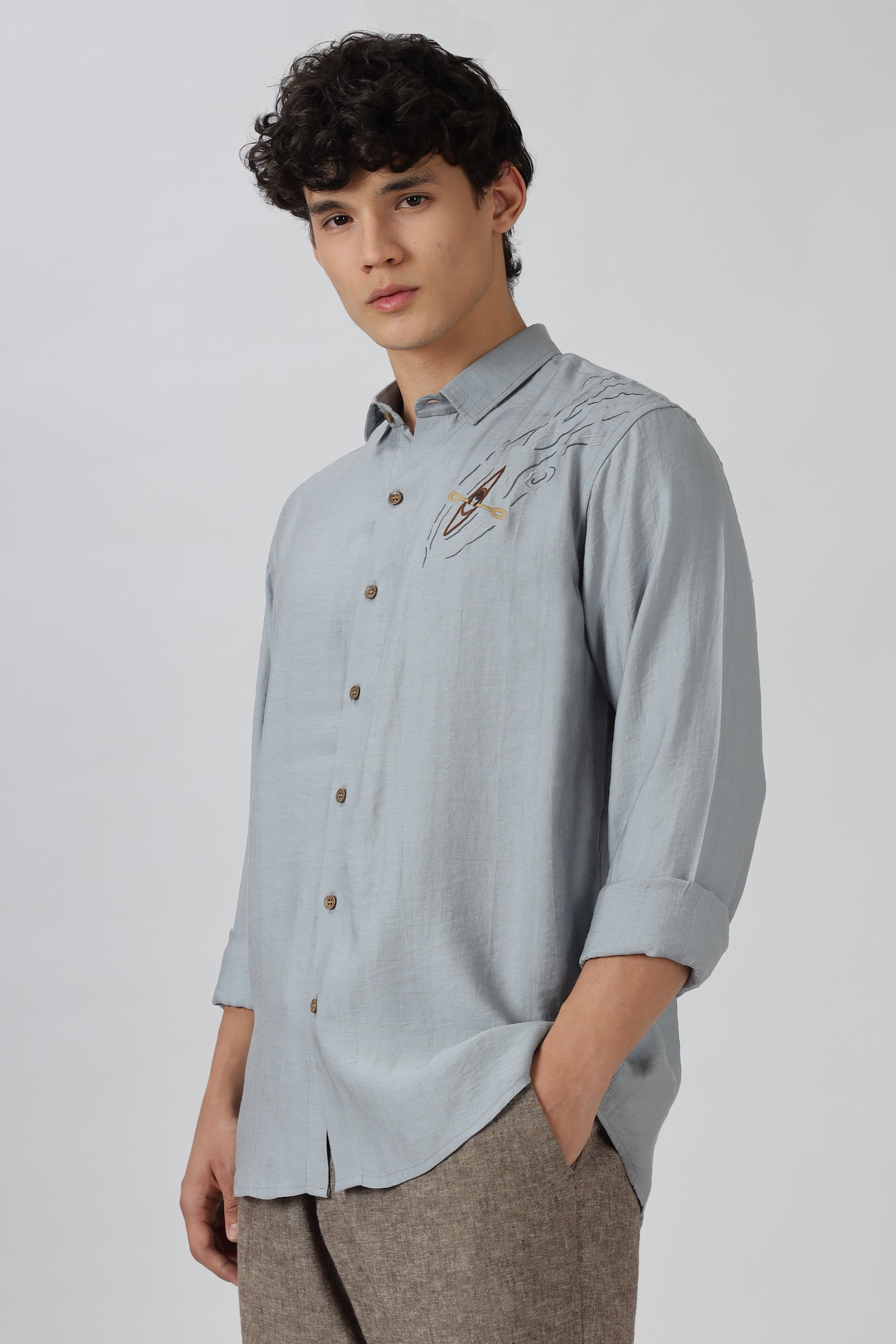 Driftwood Kayak Cotton Regular Fit Pool Blue Embroidered Shirt
