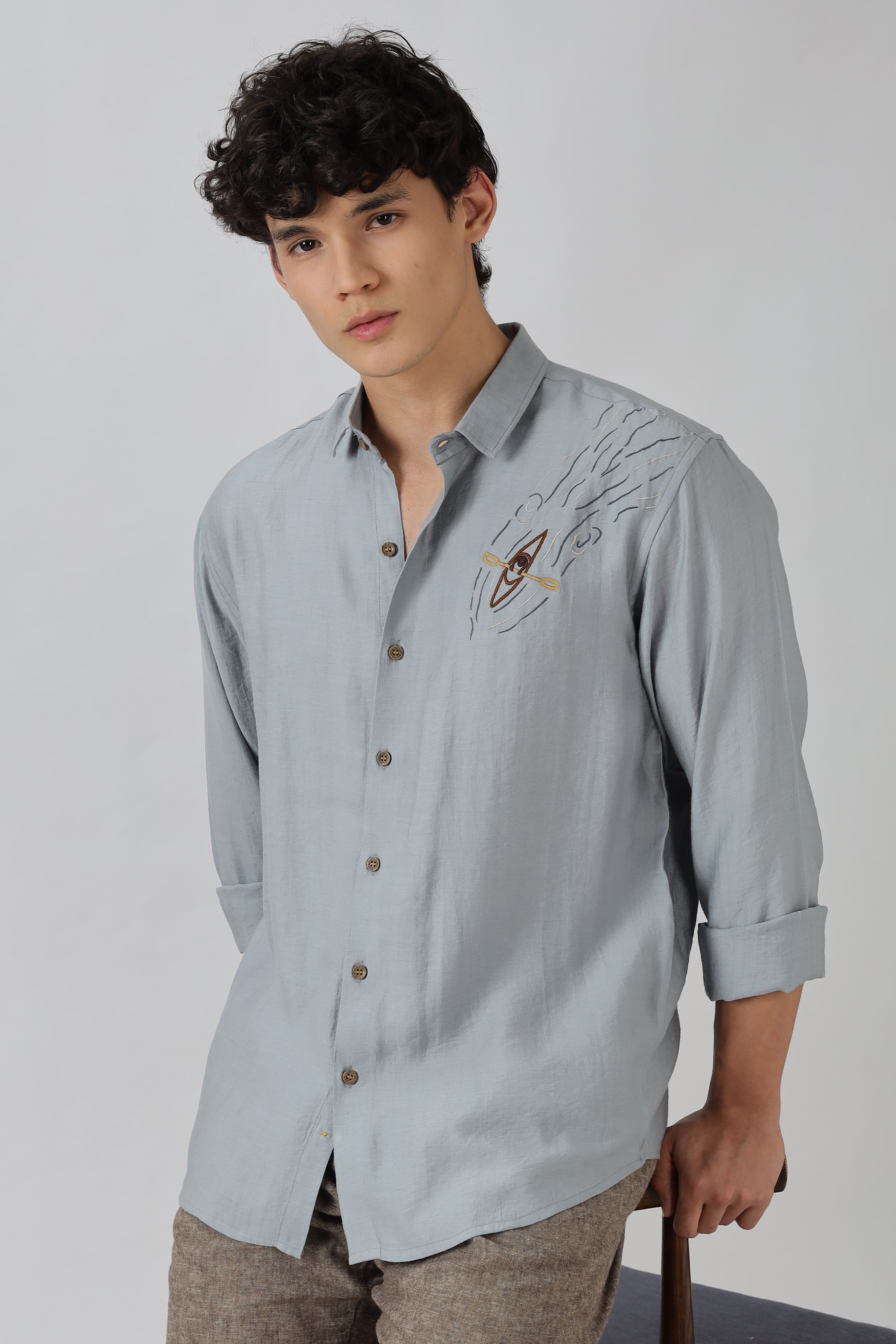 Driftwood Kayak Cotton Regular Fit Pool Blue Embroidered Shirt