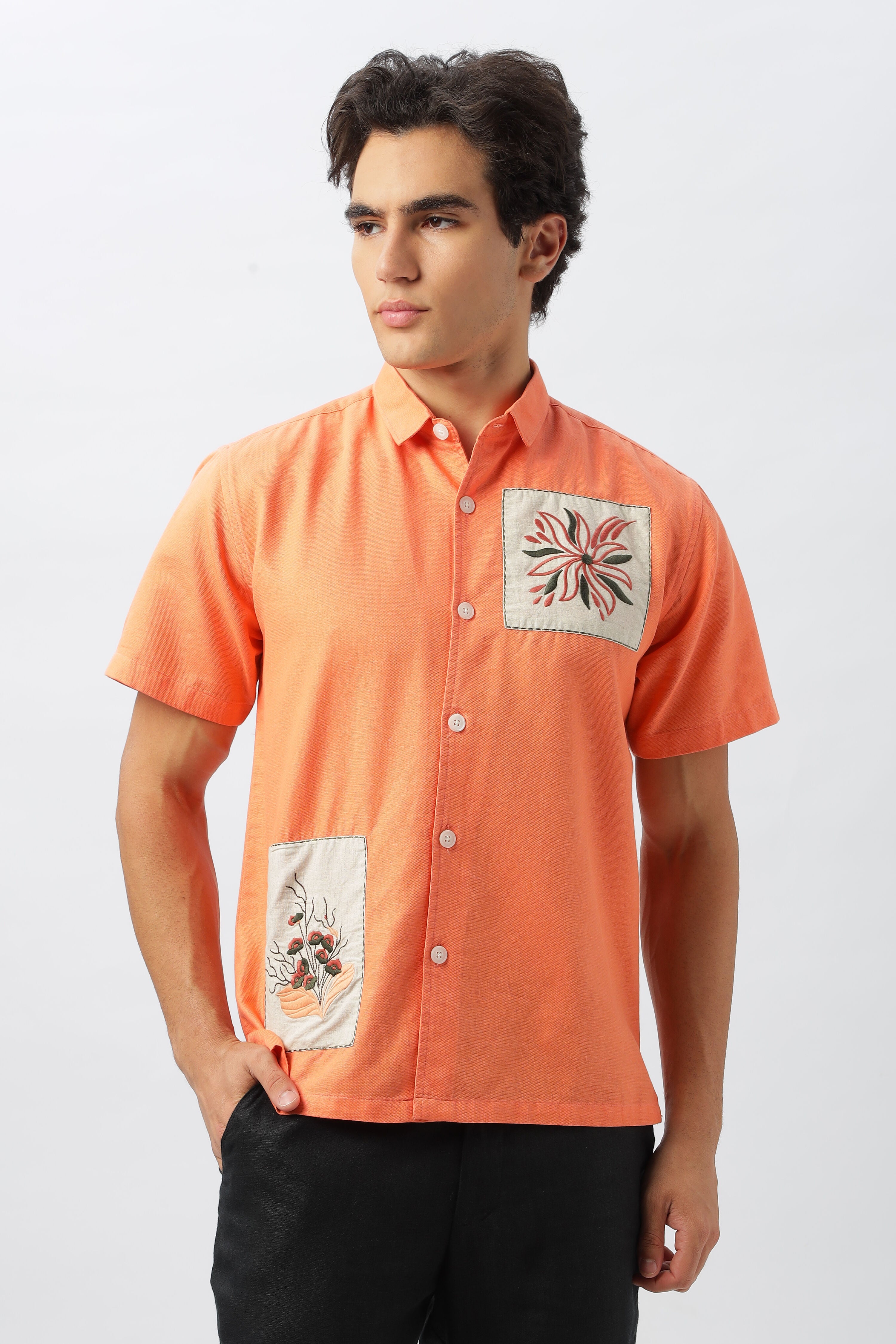 Patch Work Embroidered Men's Coral Shirt