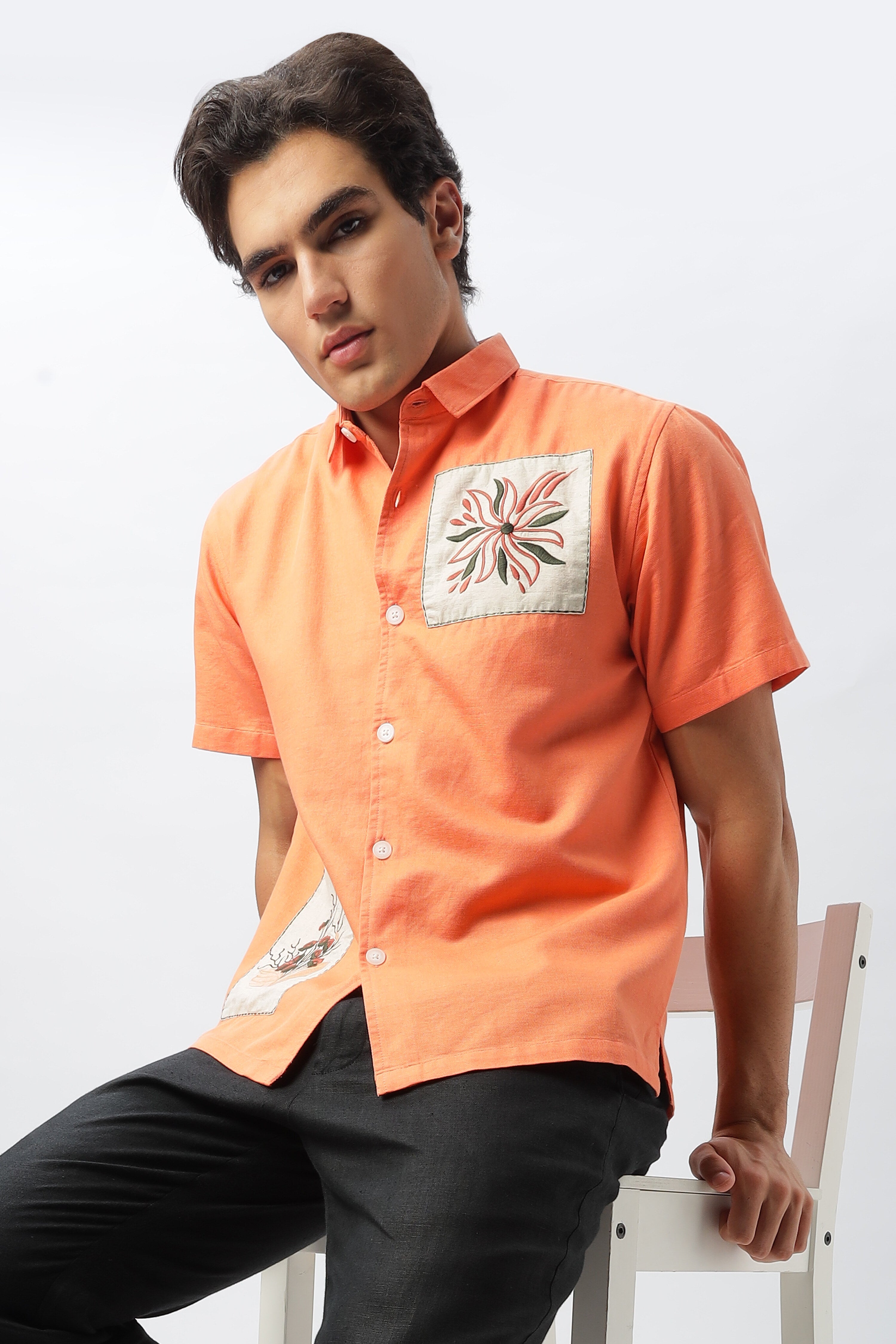 Patch Work Embroidered Men's Coral Shirt