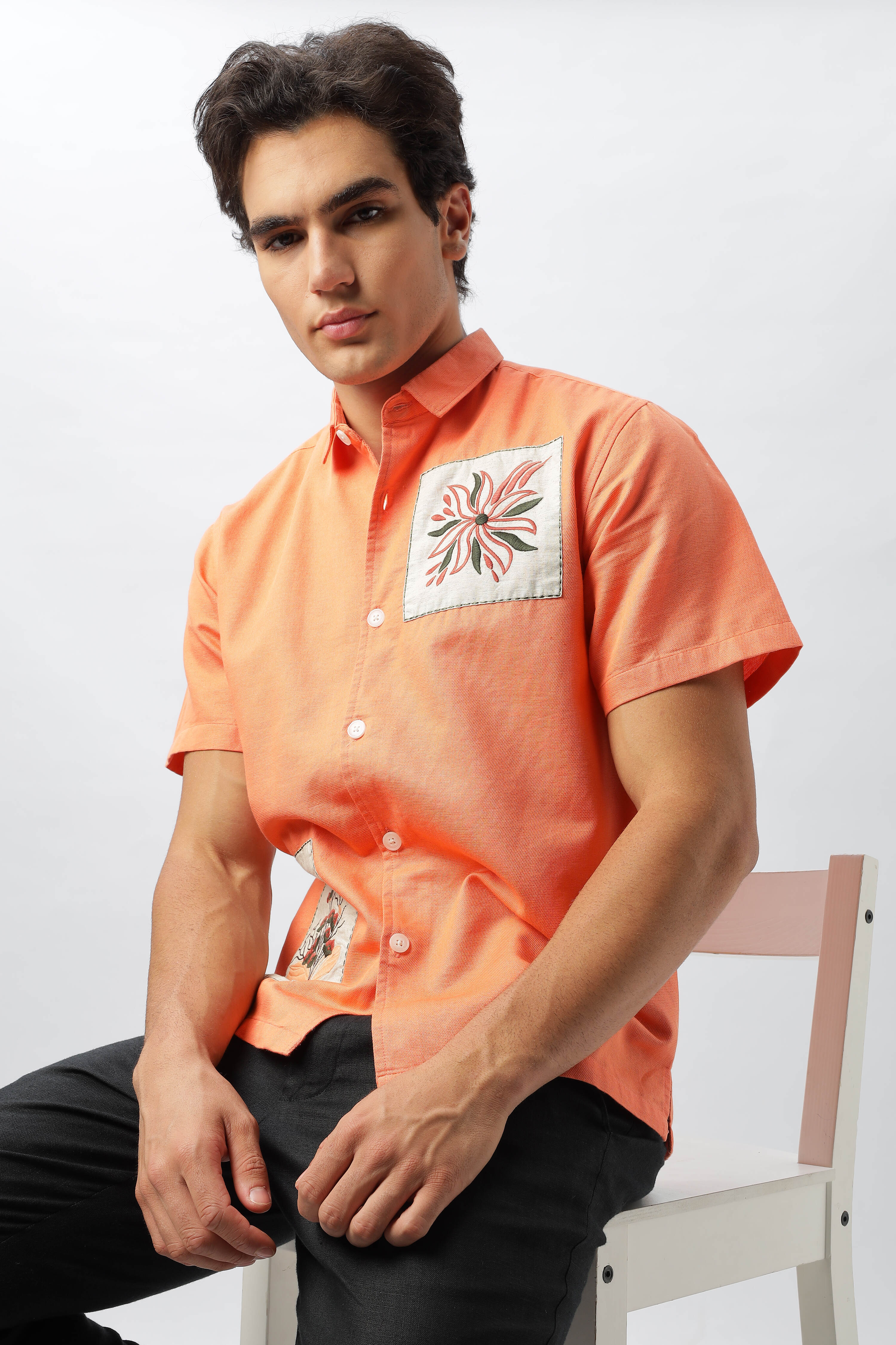 Patch Work Embroidered Men's Coral Shirt