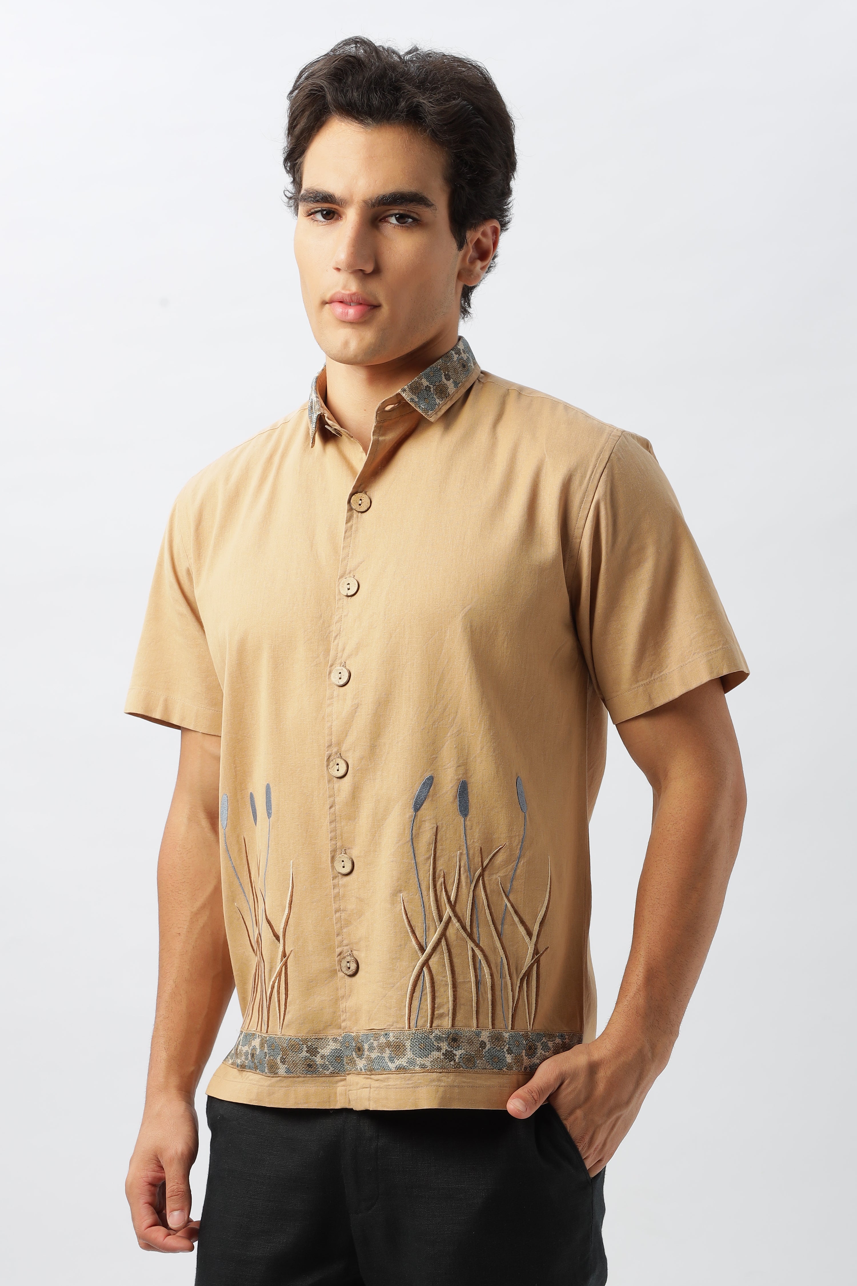 Sorrell Brown Print Collar Embroidery Box Fit Shirt