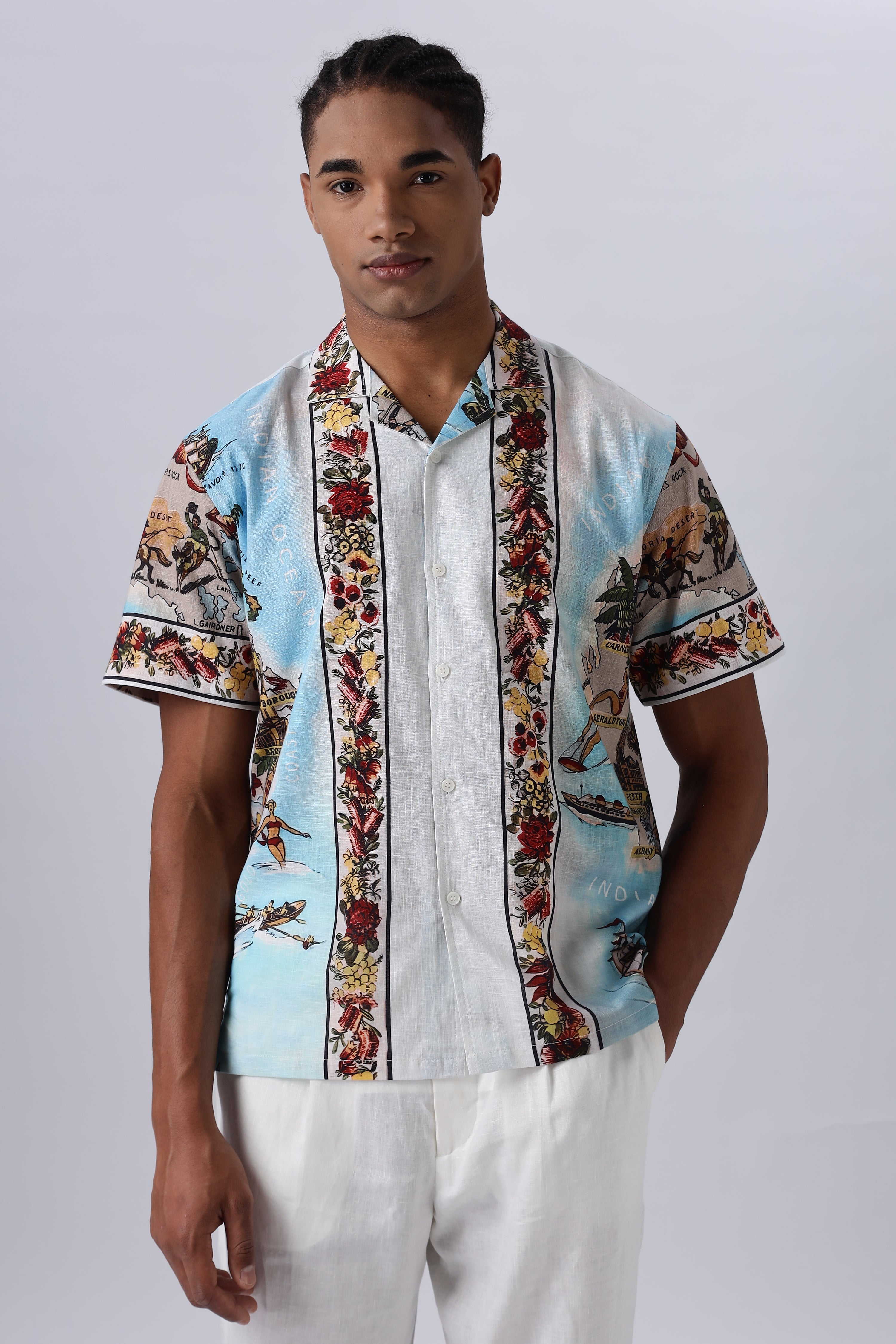Vintage Ocean Art Printed Cuban Collar Shirt