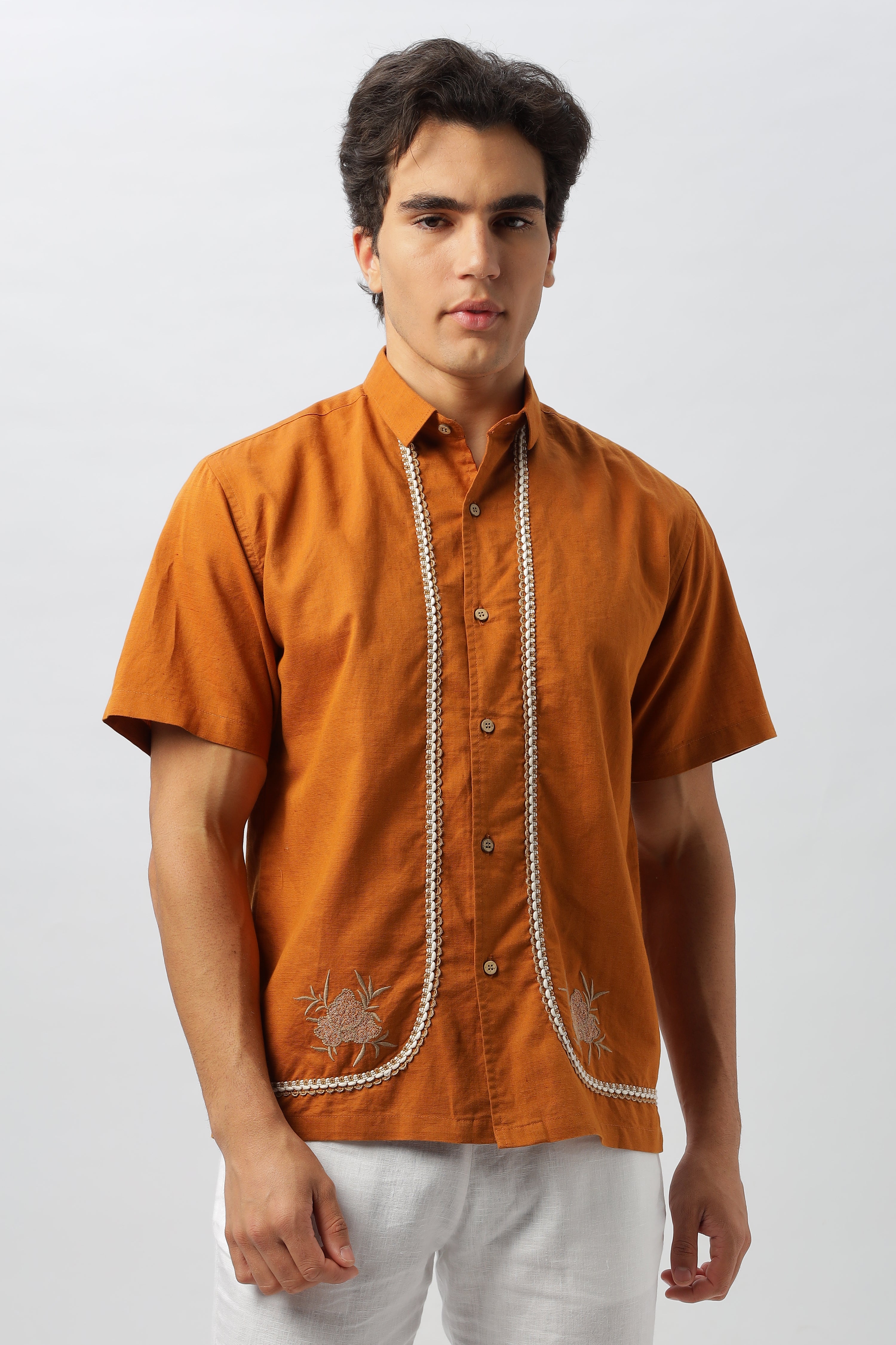 Rustic Orange Embroidered Box Fit Shirt