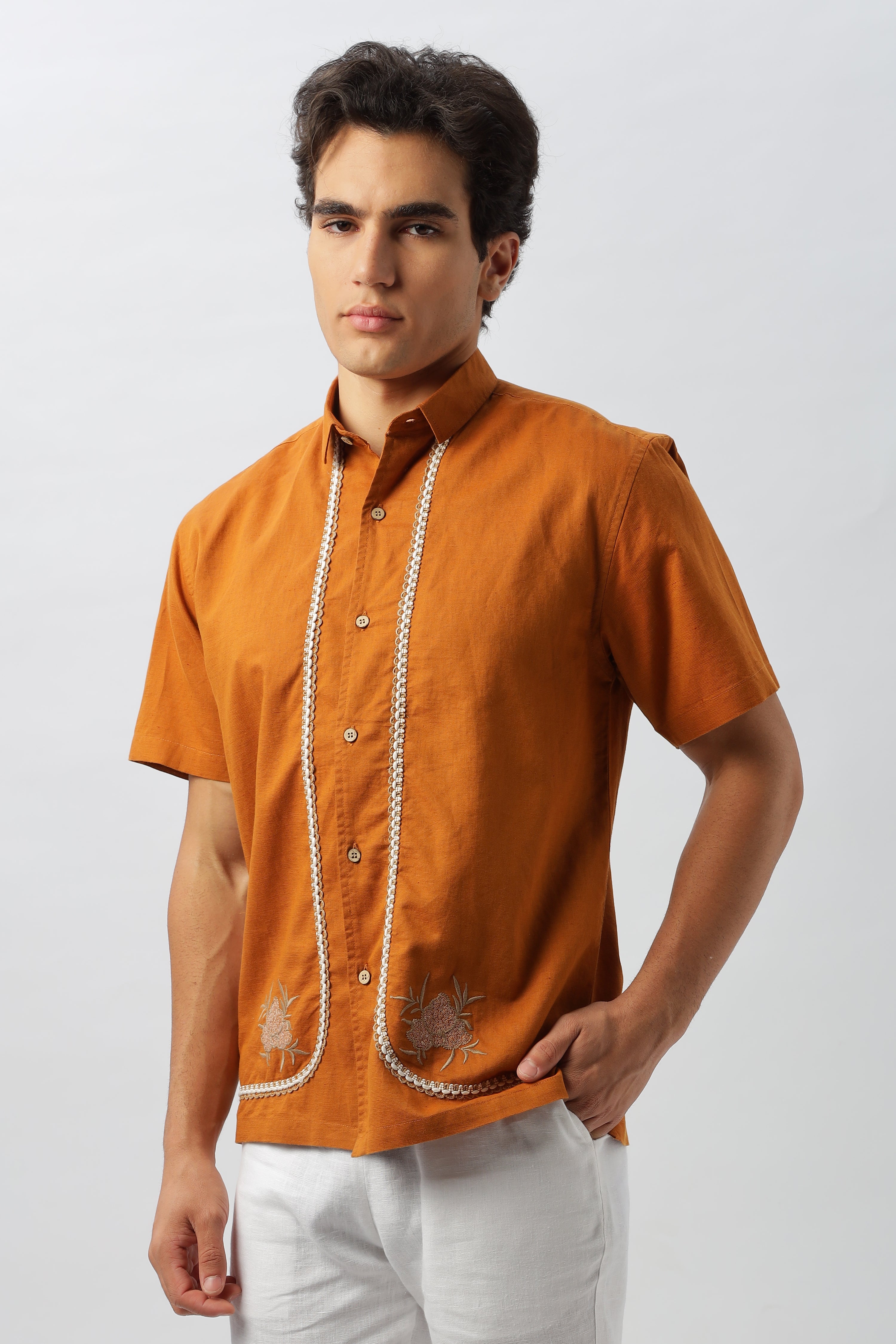 Rustic Orange Embroidered Box Fit Shirt