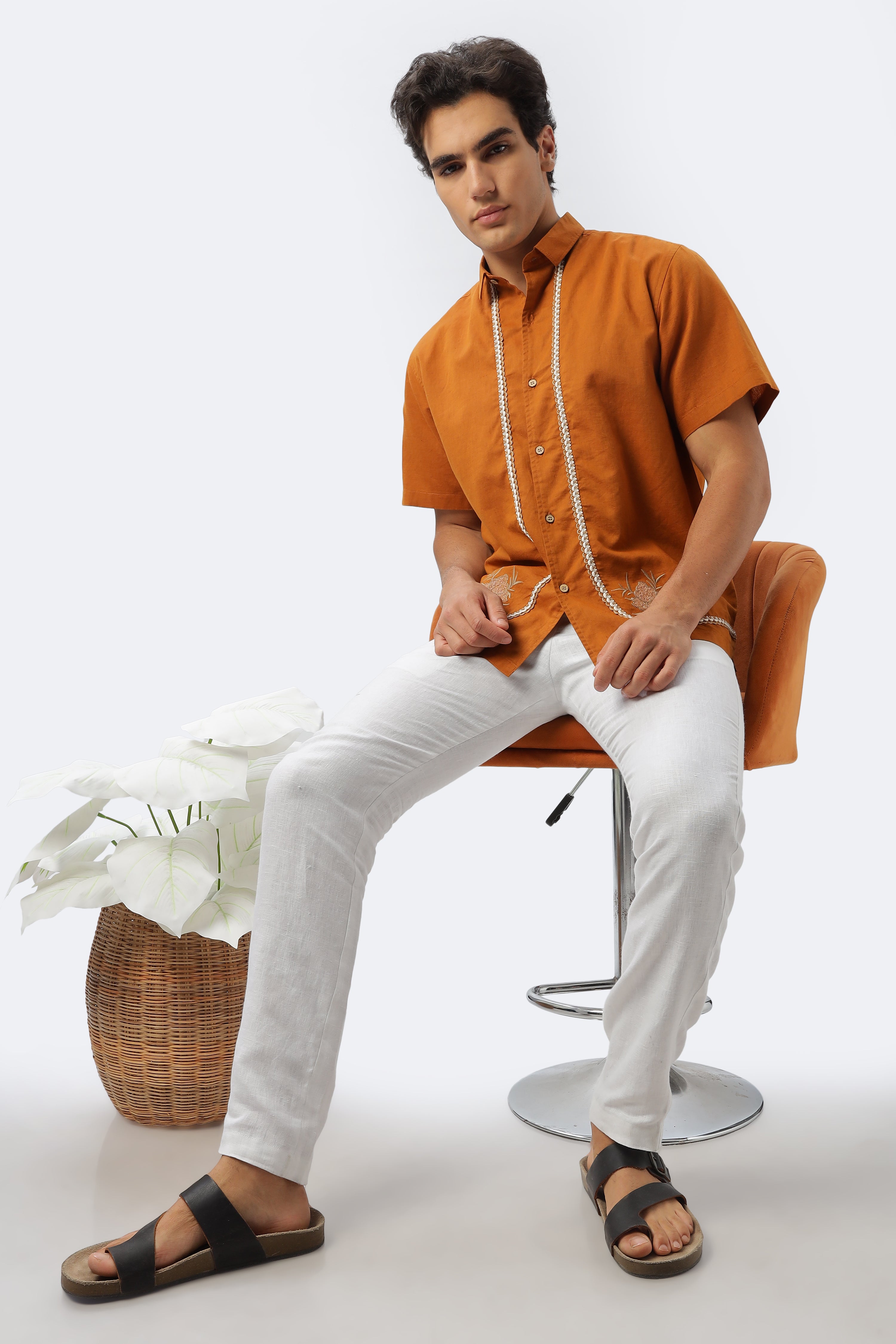 Rustic Orange Embroidered Box Fit Shirt