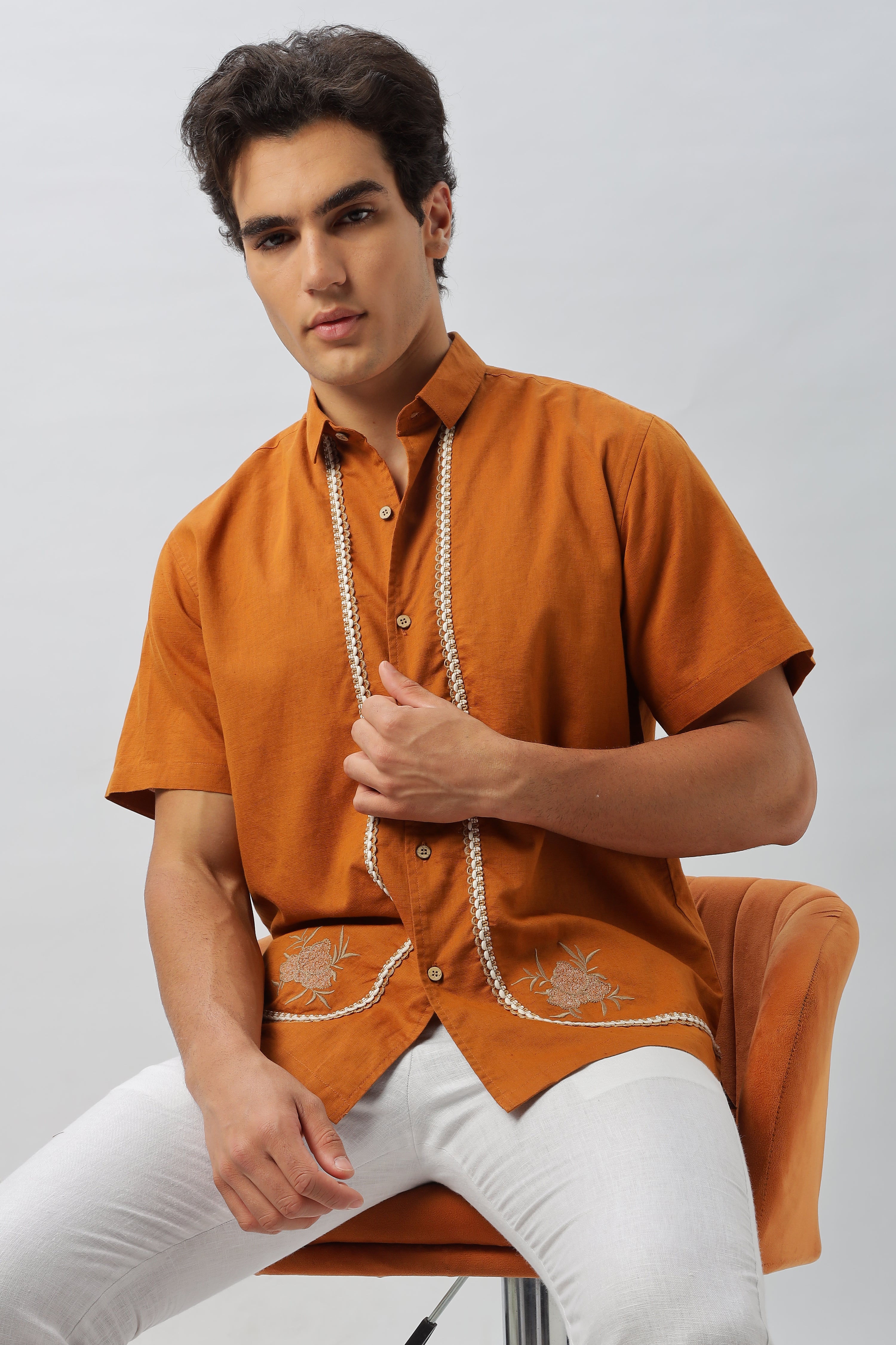 Rustic Orange Embroidered Box Fit Shirt