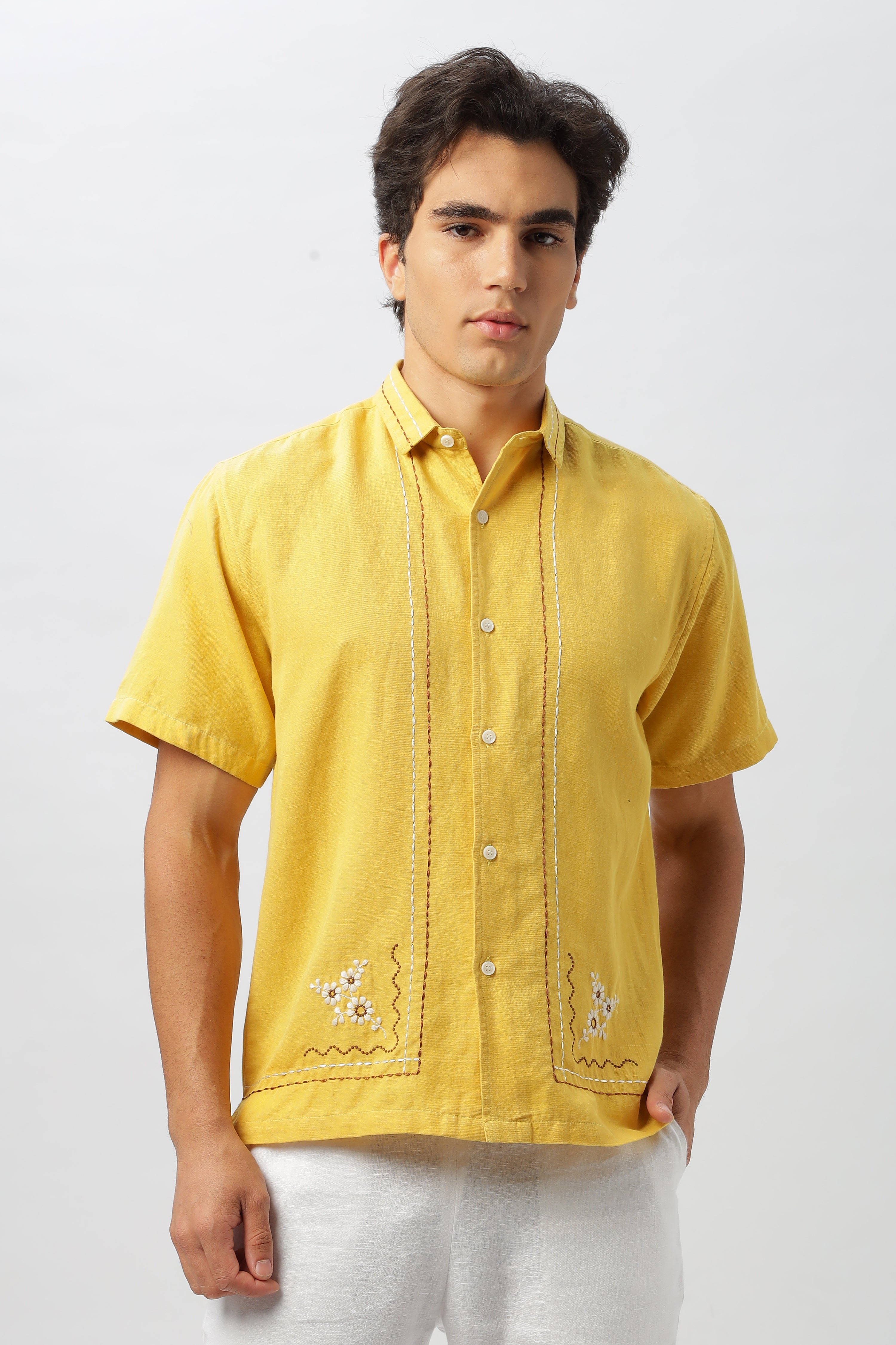 Golden Earthy Flames Embroidered Shirt