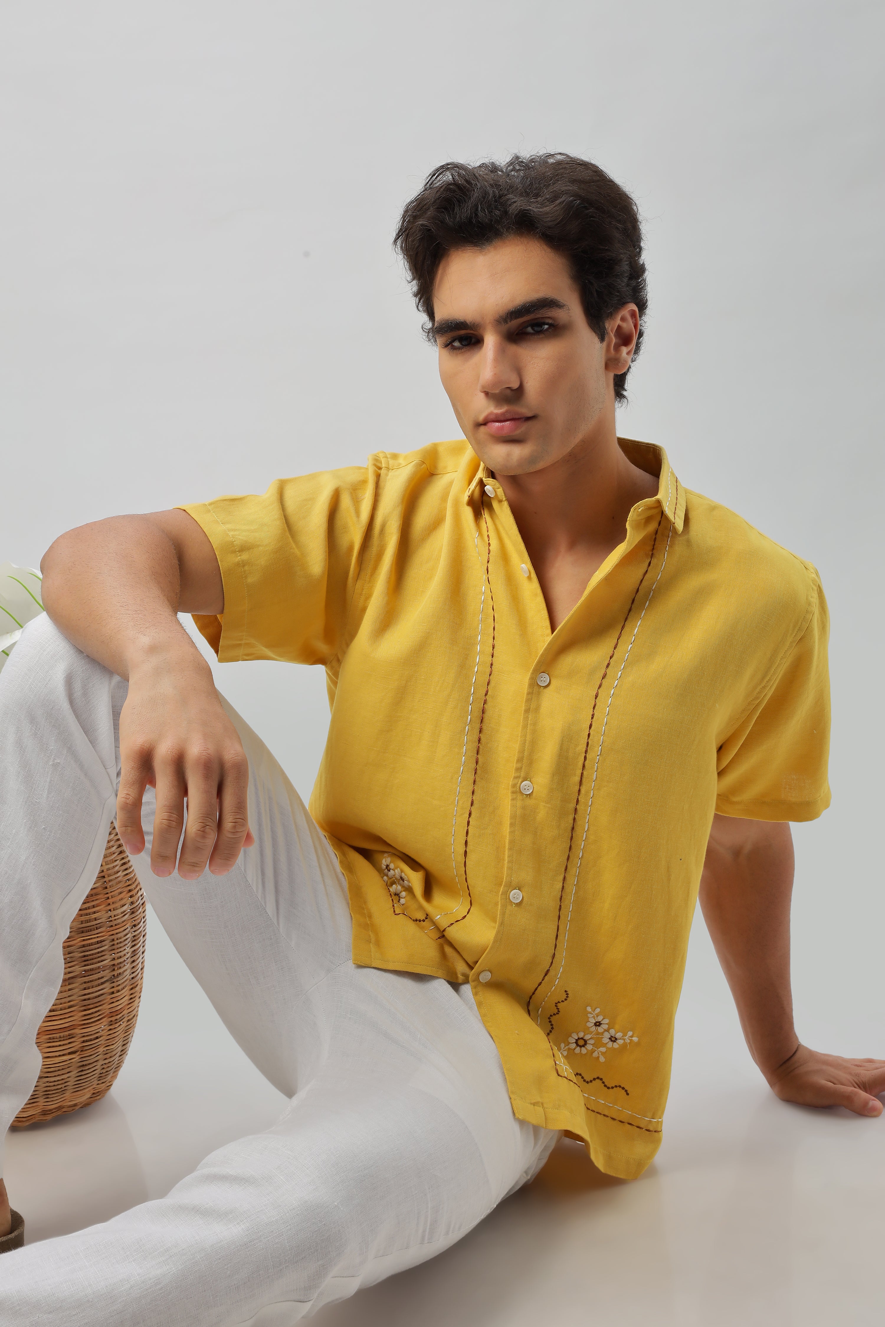 Golden Earthy Flames Embroidered Shirt