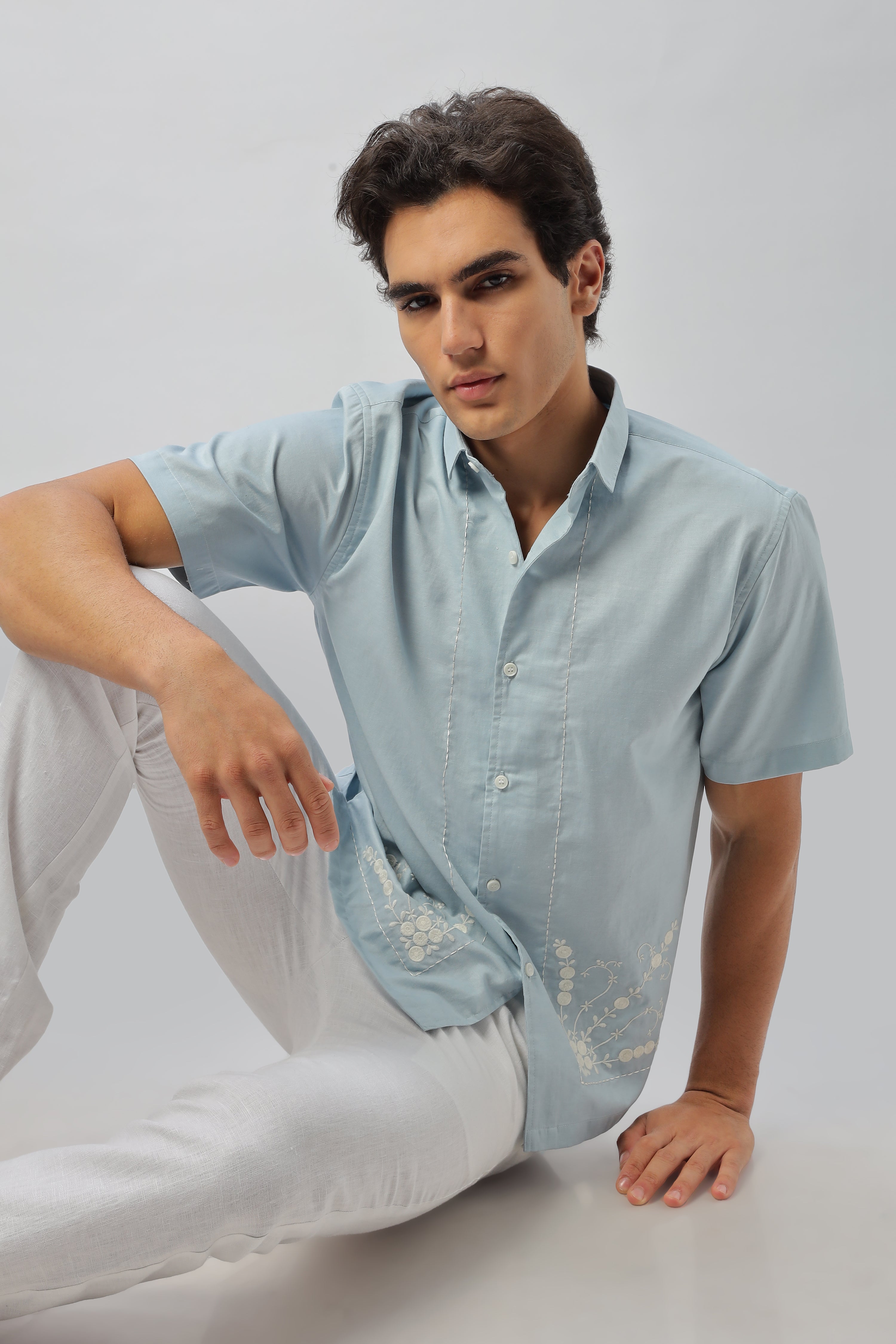 Opulent Floral Embroidered Light Blue Box Fit Shirt