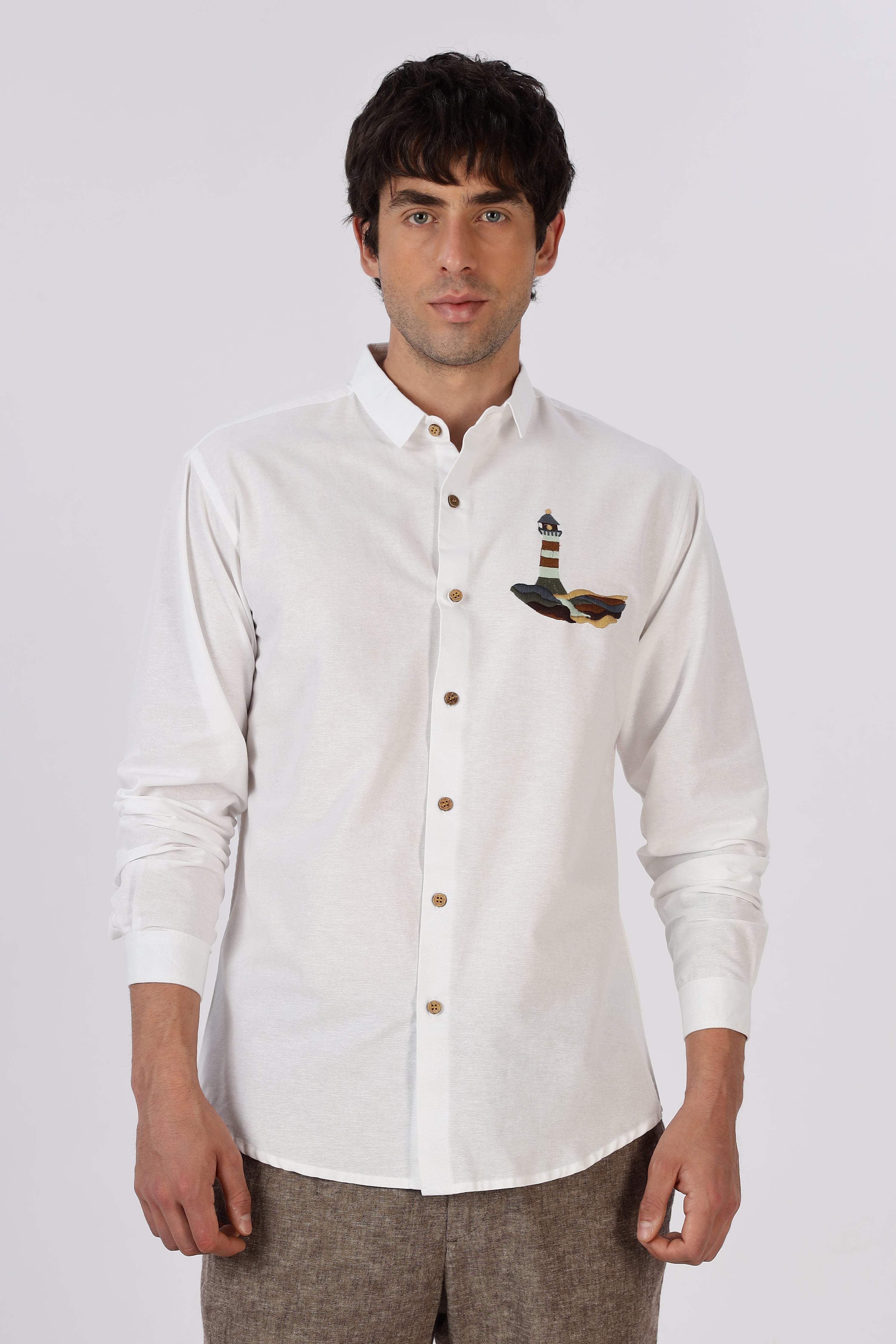 Summer White Lighthouse embroidery Shirt