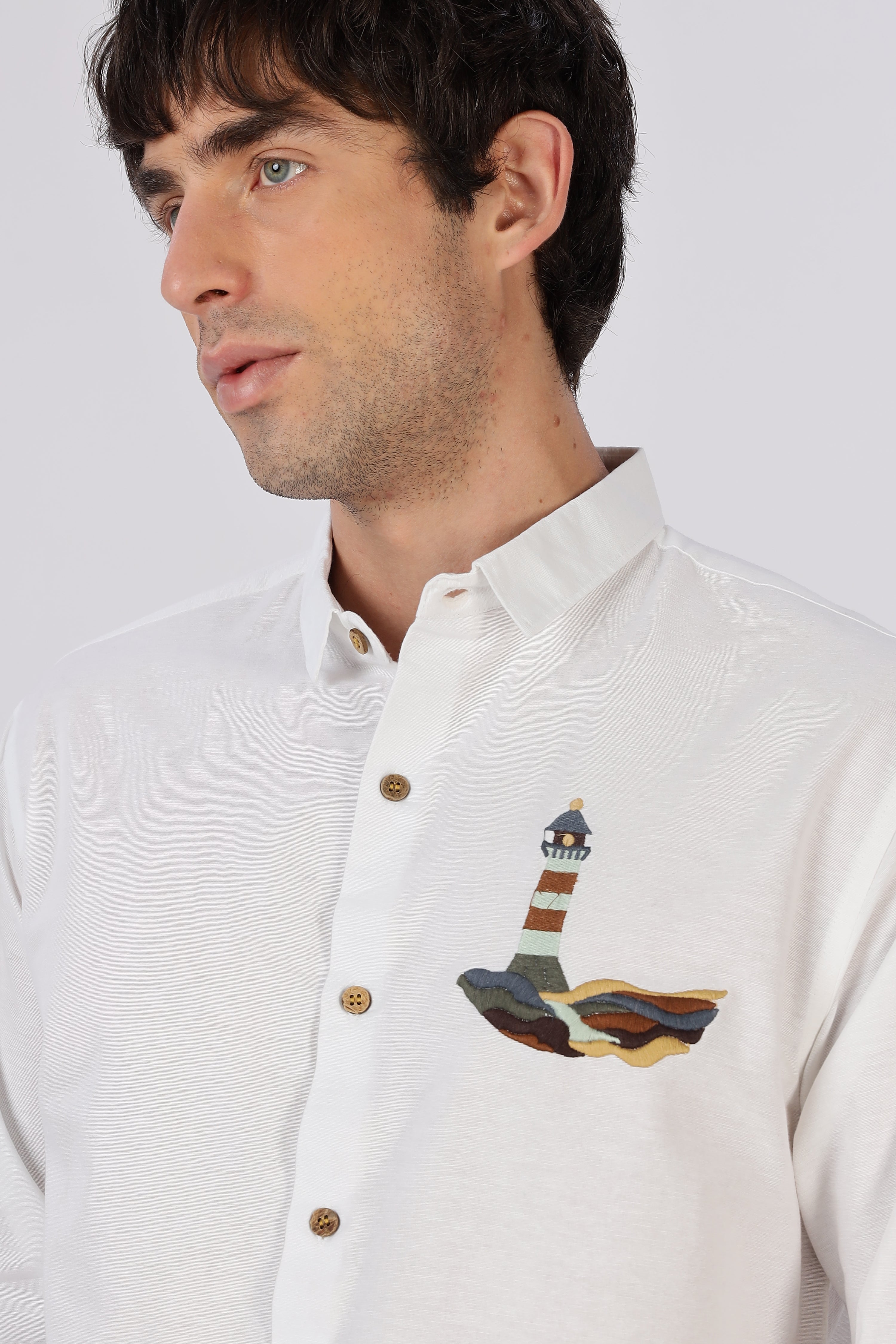 Summer White Lighthouse embroidery Shirt