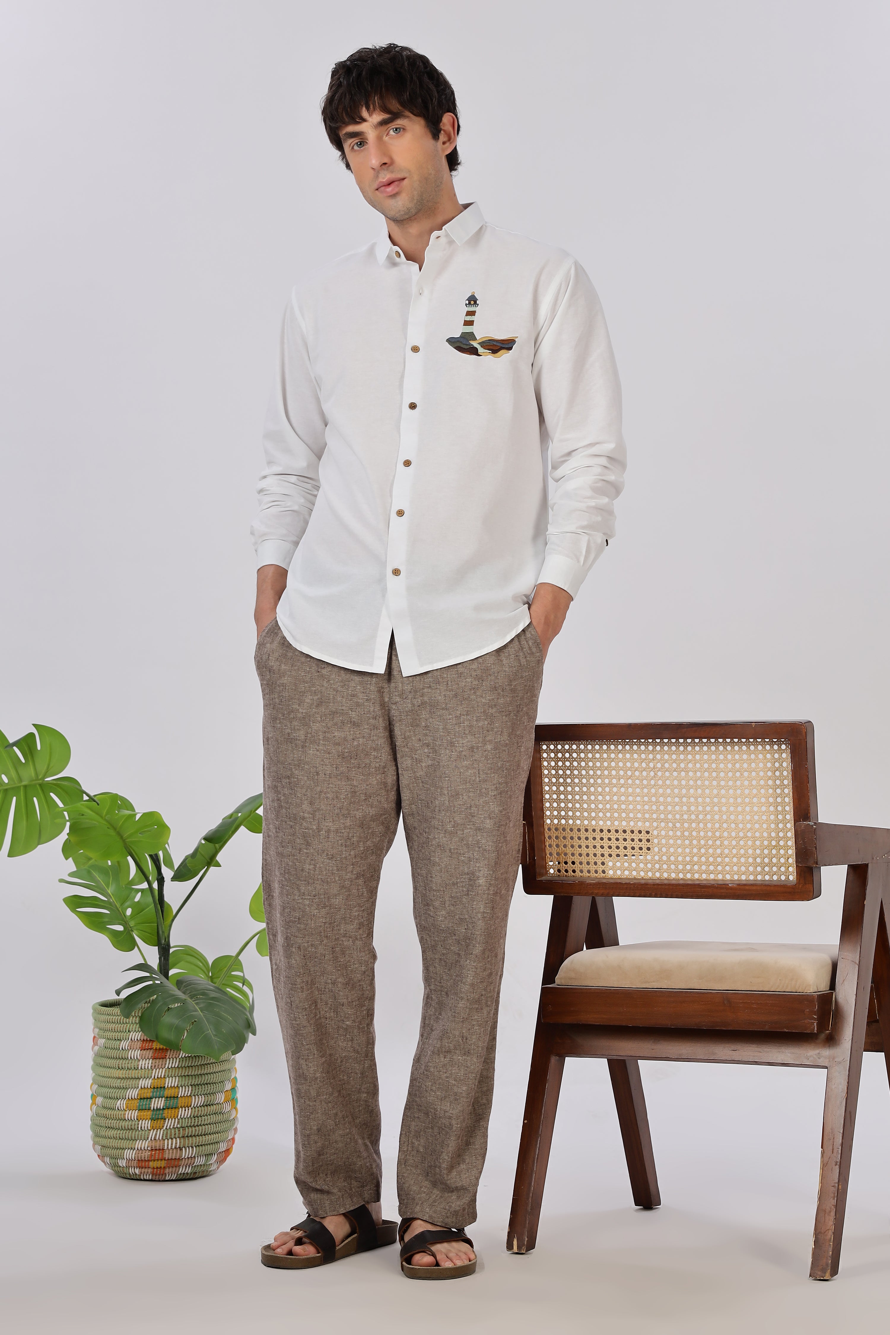 Summer White Lighthouse embroidery Shirt