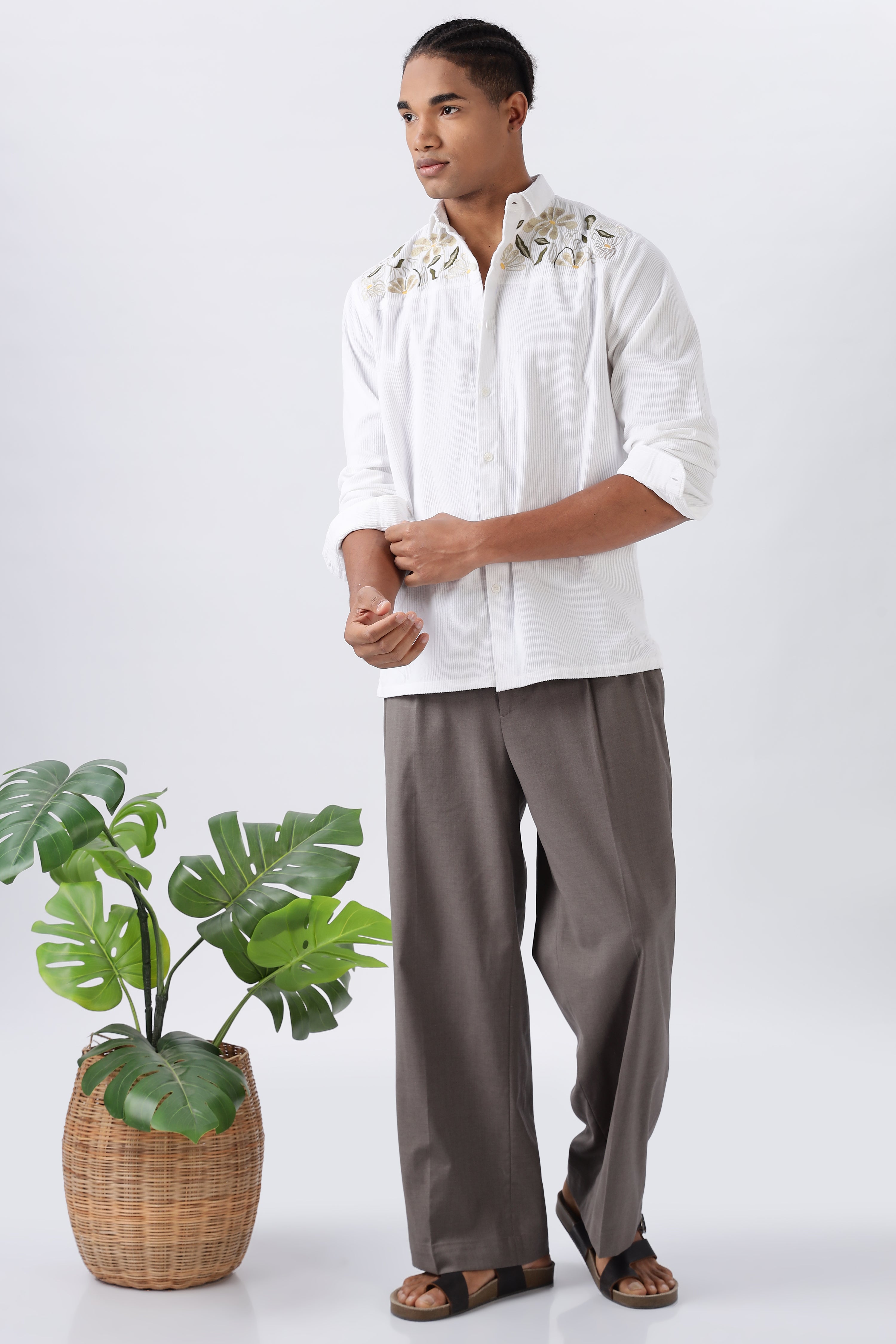 Botanical Bay Embroidery 100% Pure Cord White Shirt