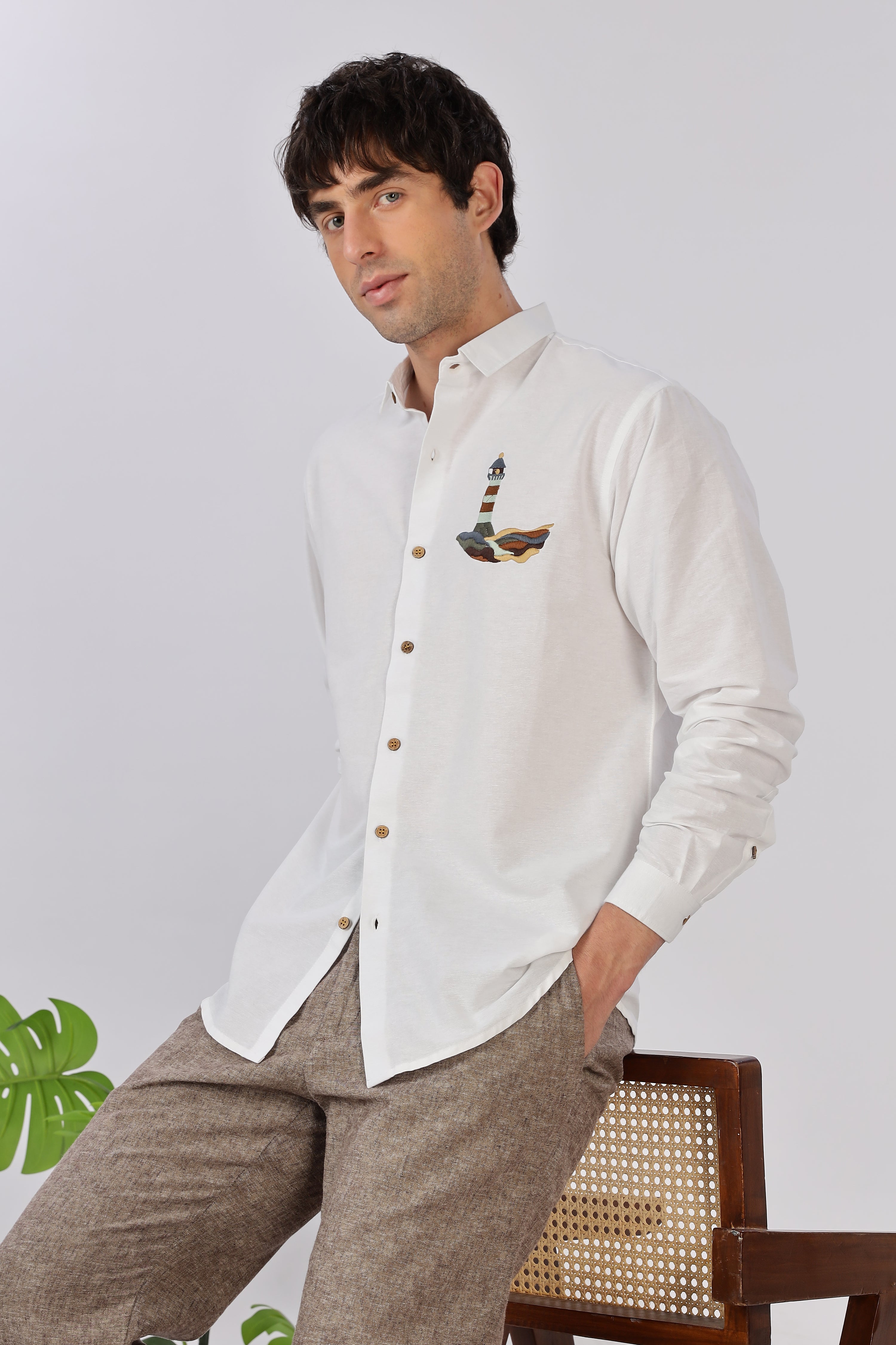Summer White Lighthouse embroidery Shirt