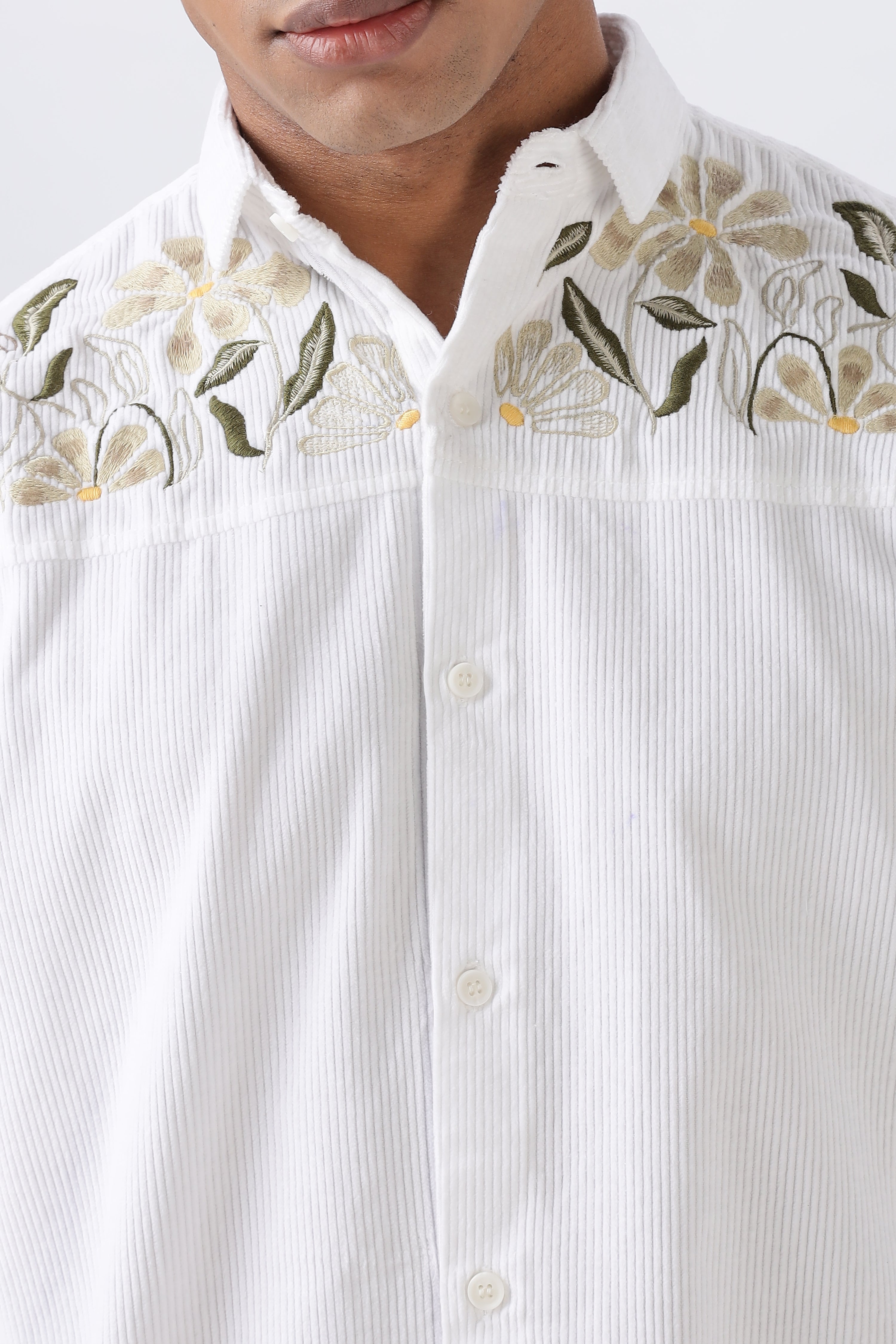Botanical Bay Embroidery 100% Pure Cord White Shirt