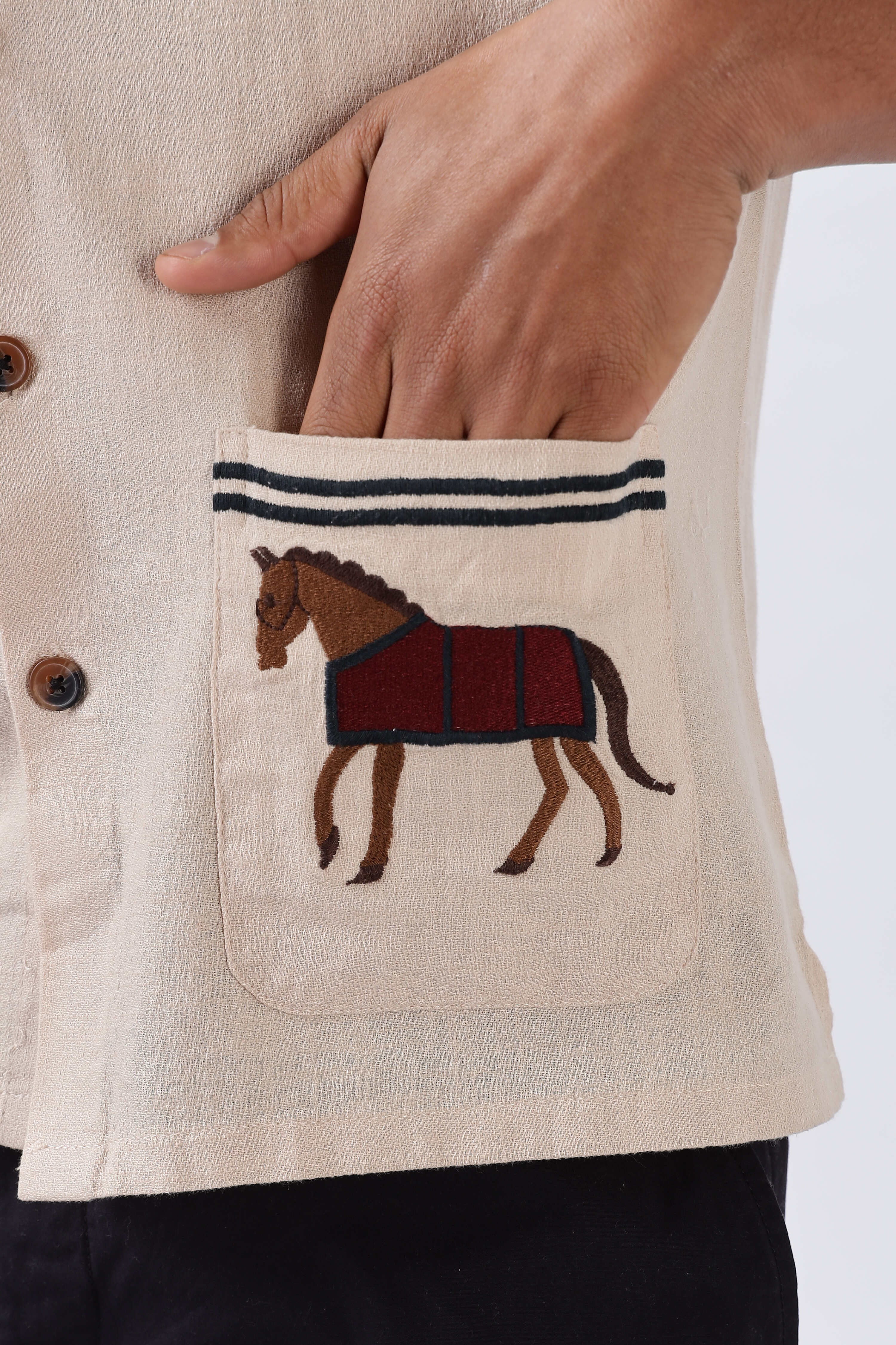 Cavallo Beige Full Sleeves Embroidery Shirt