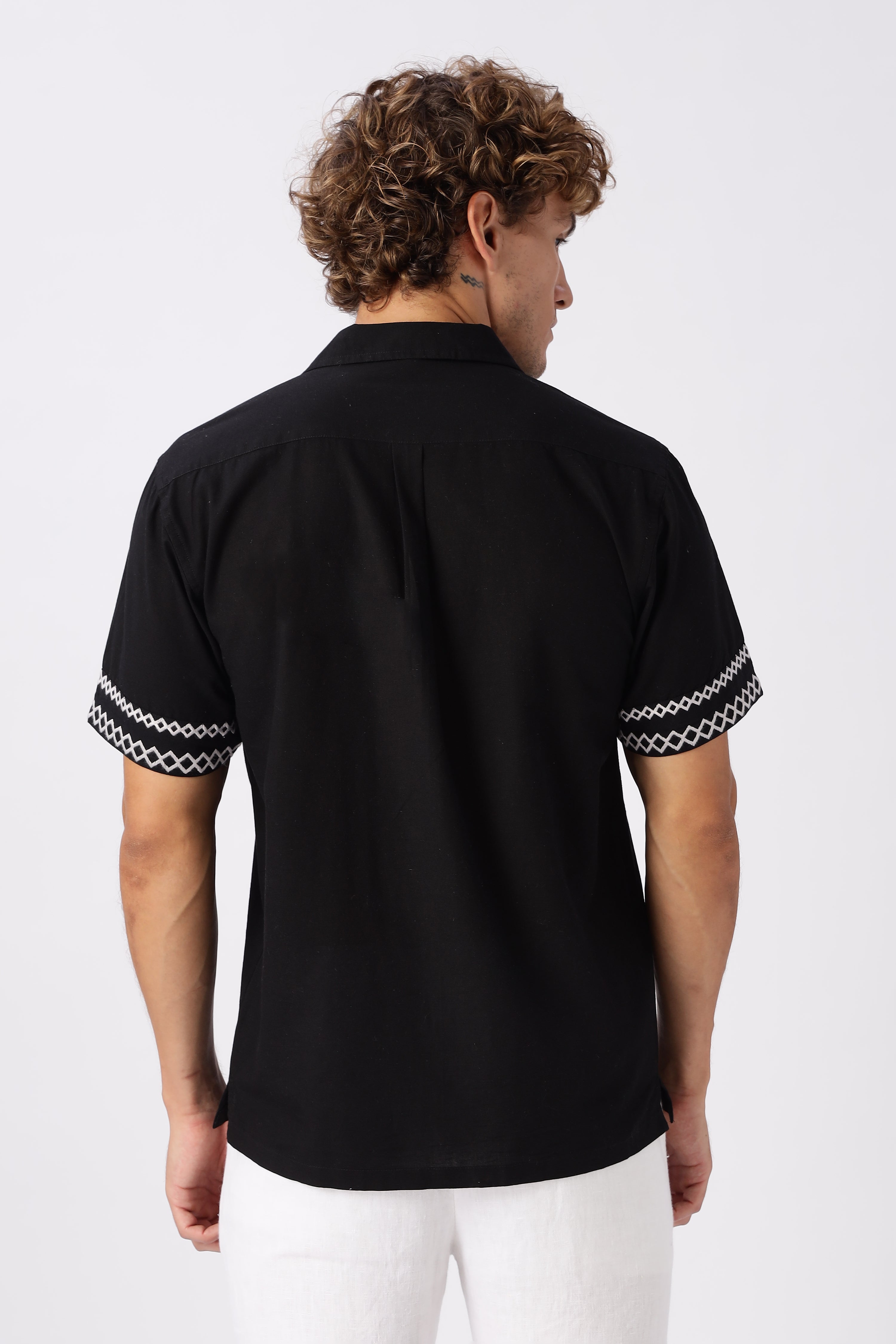 Hamptons Social Club Cotton Box Fit Black Embroidered Shirt