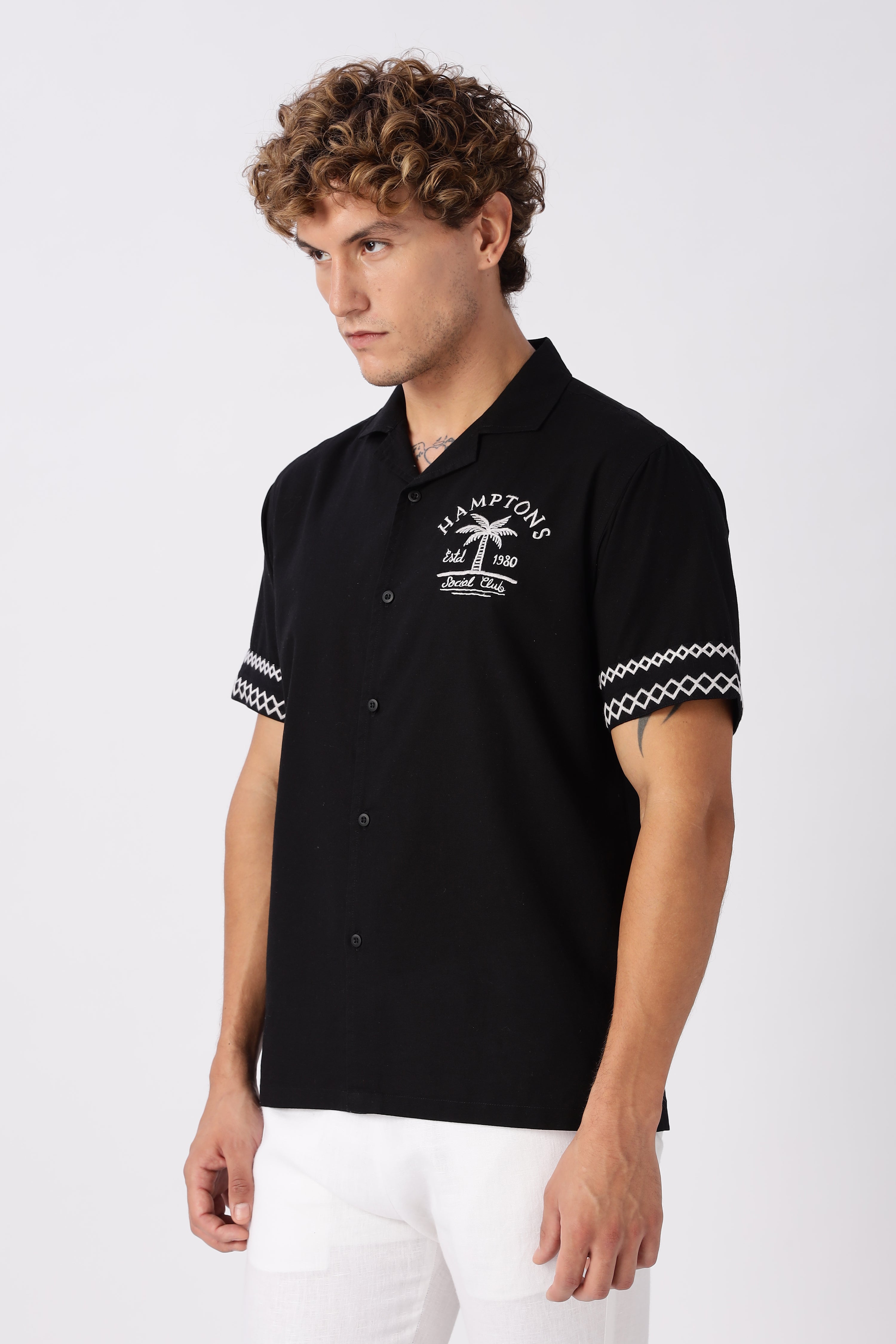 Hamptons Social Club Cotton Box Fit Black Embroidered Shirt