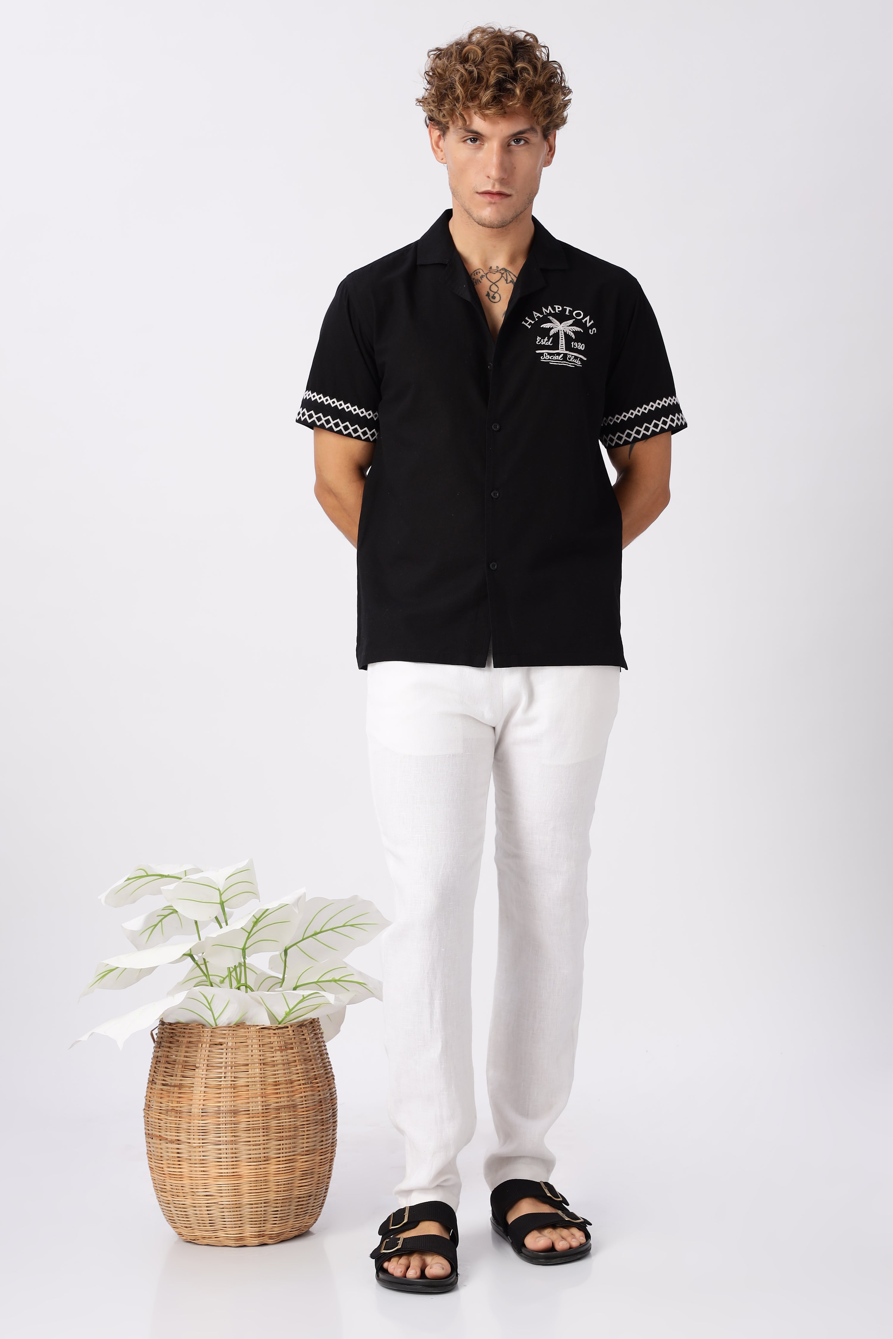 Hamptons Social Club Cotton Box Fit Black Embroidered Shirt