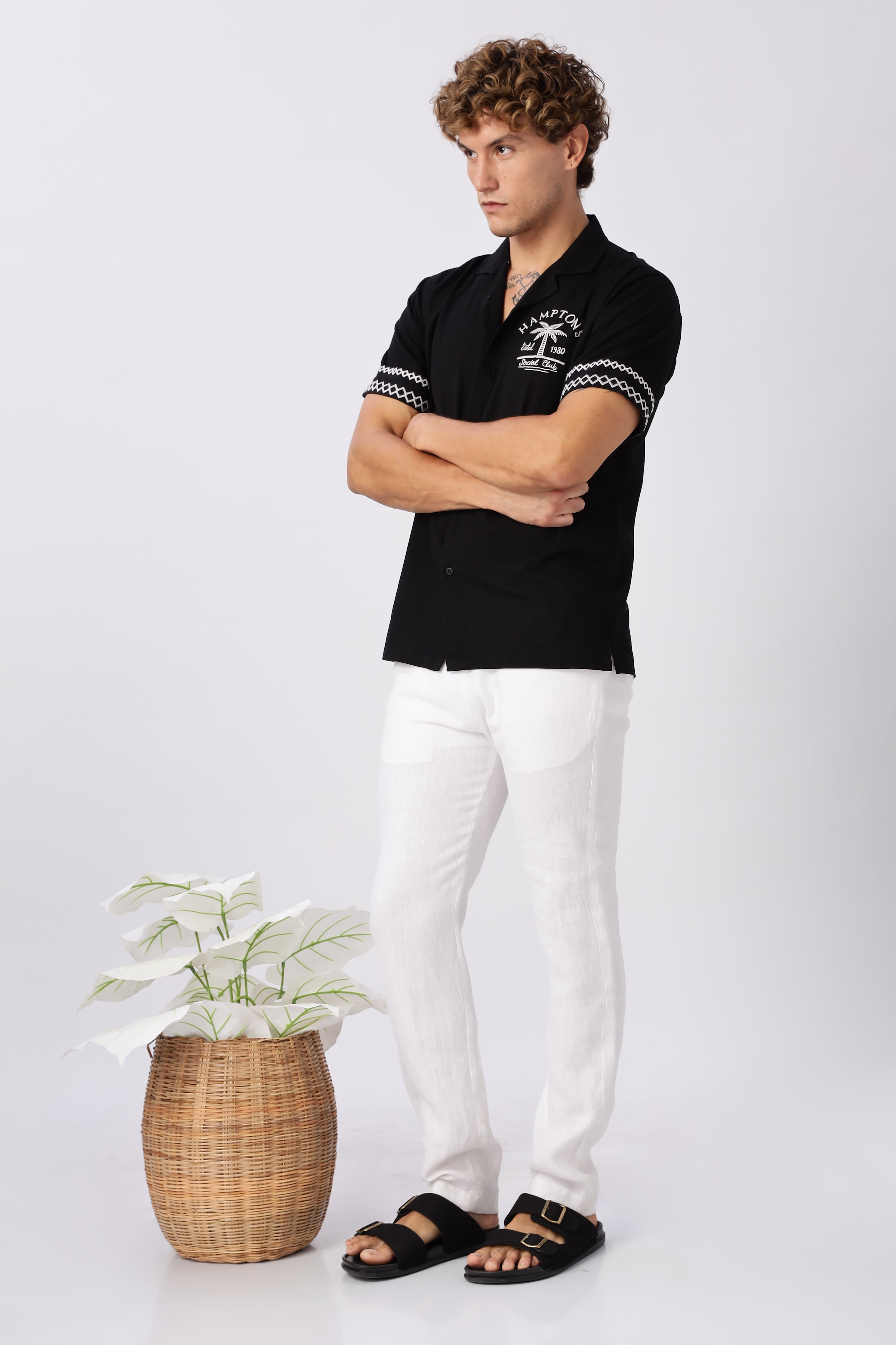 Hamptons Social Club Cotton Box Fit Black Embroidered Shirt