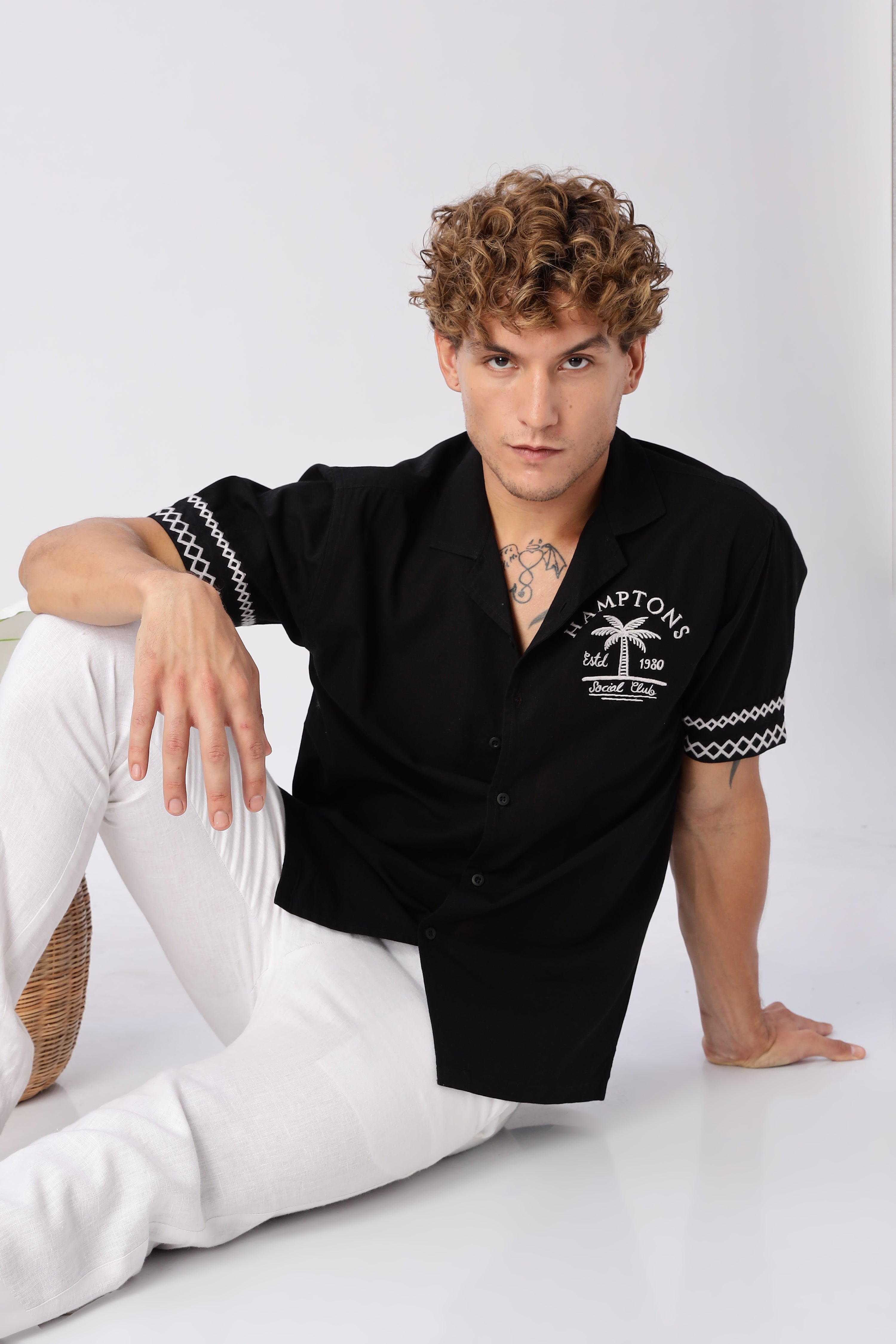 Hamptons Social Club Cotton Box Fit Black Embroidered Shirt