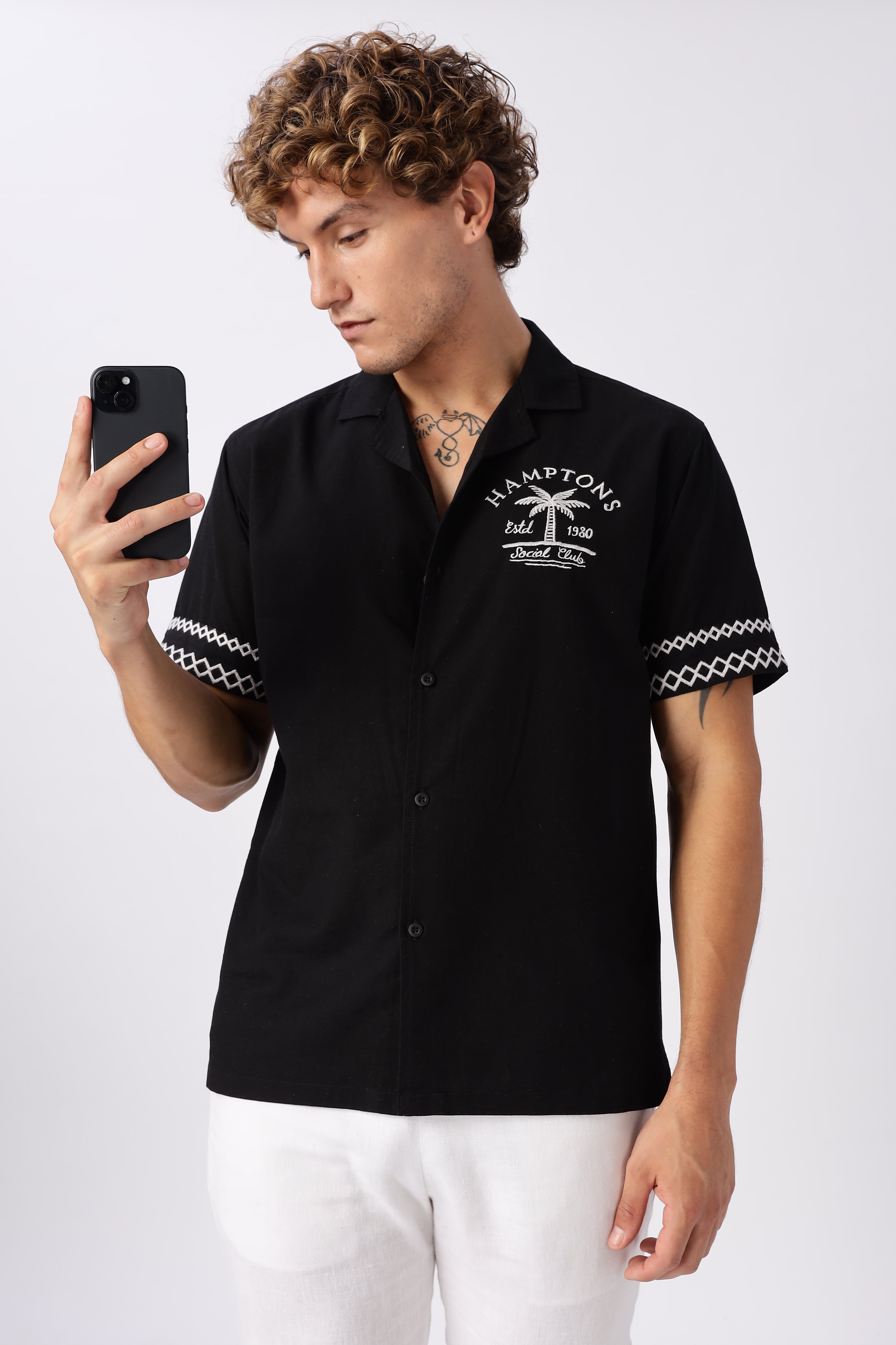 Hamptons Social Club Cotton Box Fit Black Embroidered Shirt