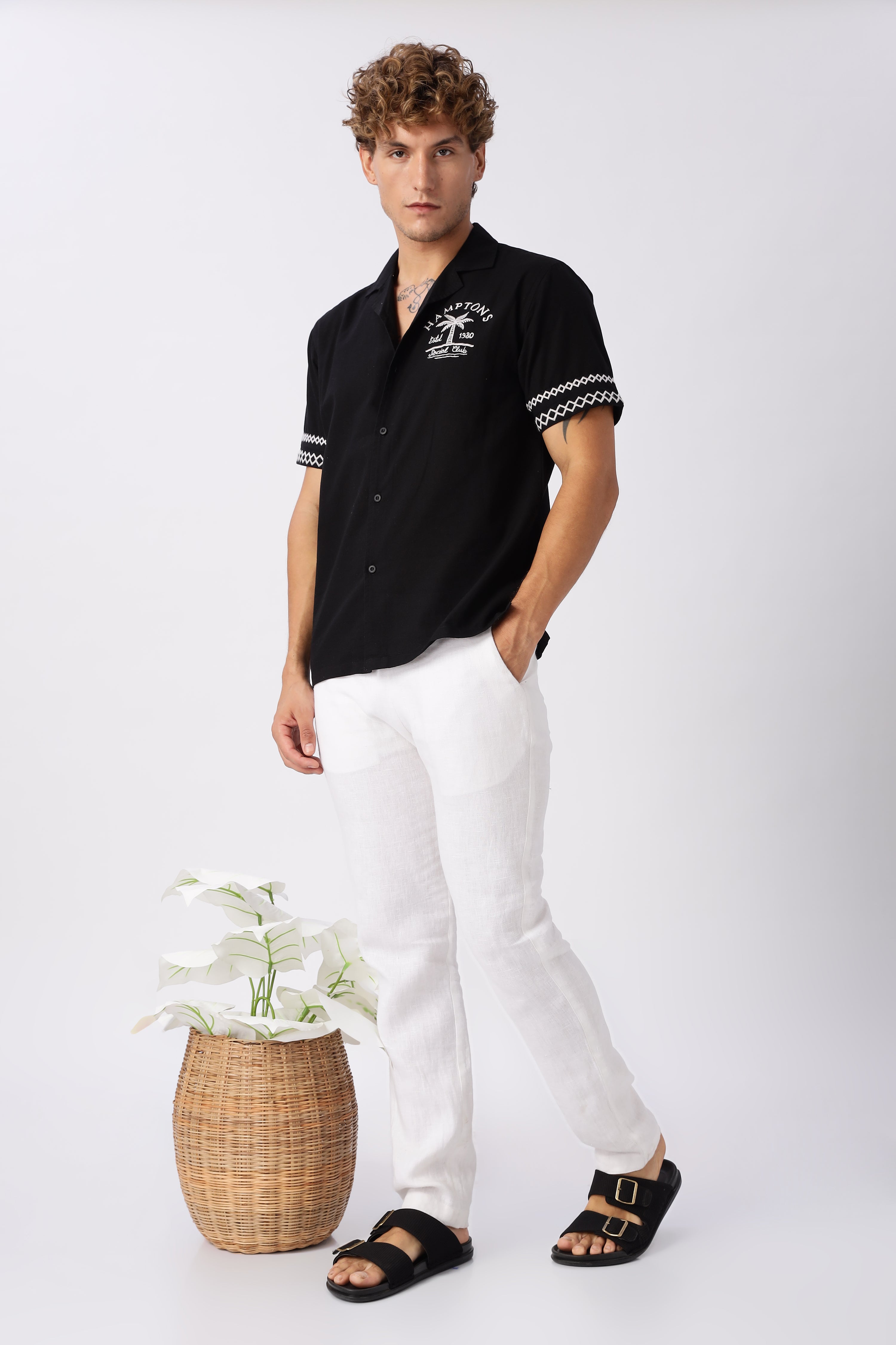 Hamptons Social Club Cotton Box Fit Black Embroidered Shirt
