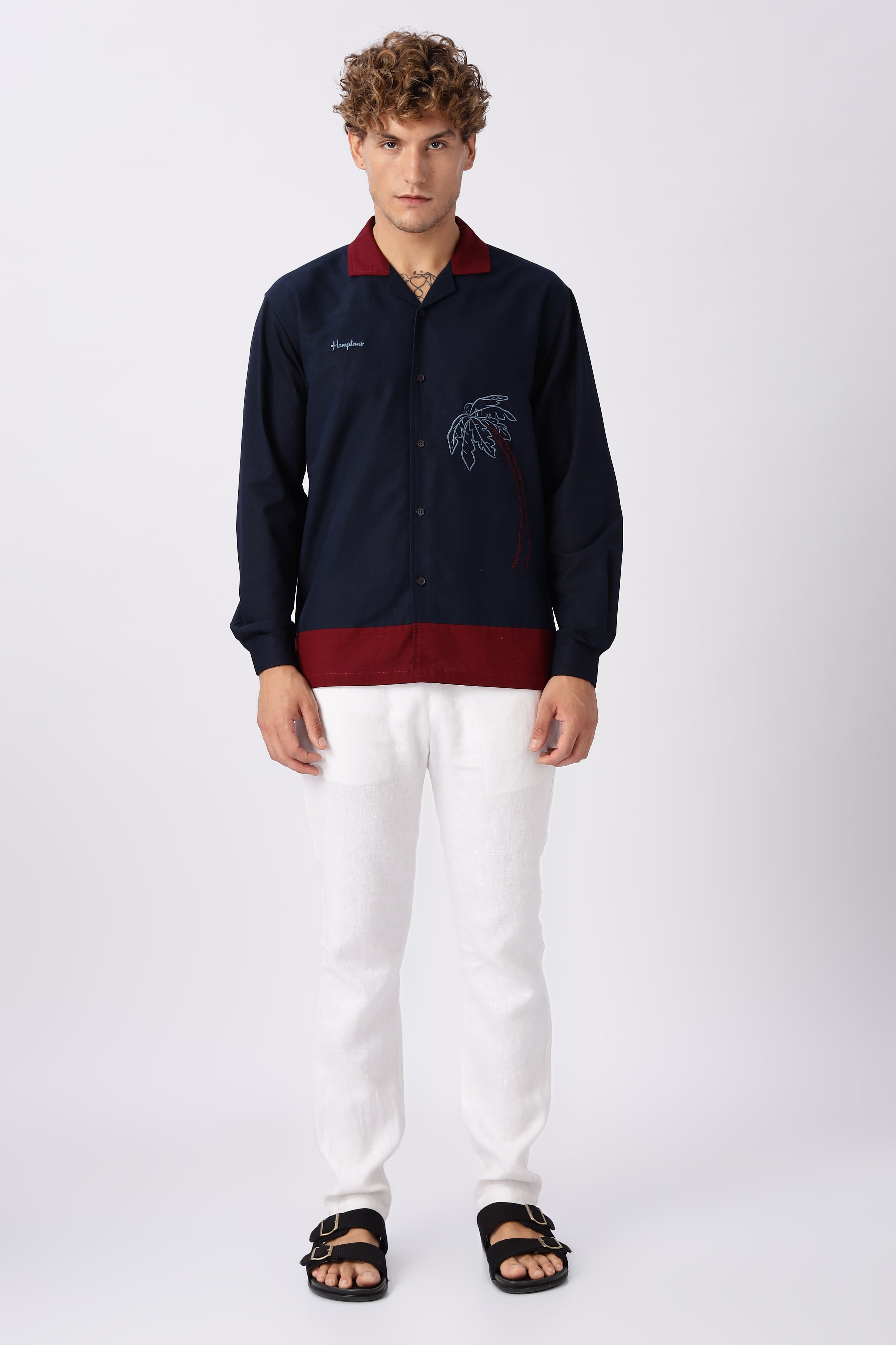 Midnight in Majorda Embroidered Palm Shirt with Wine Collar