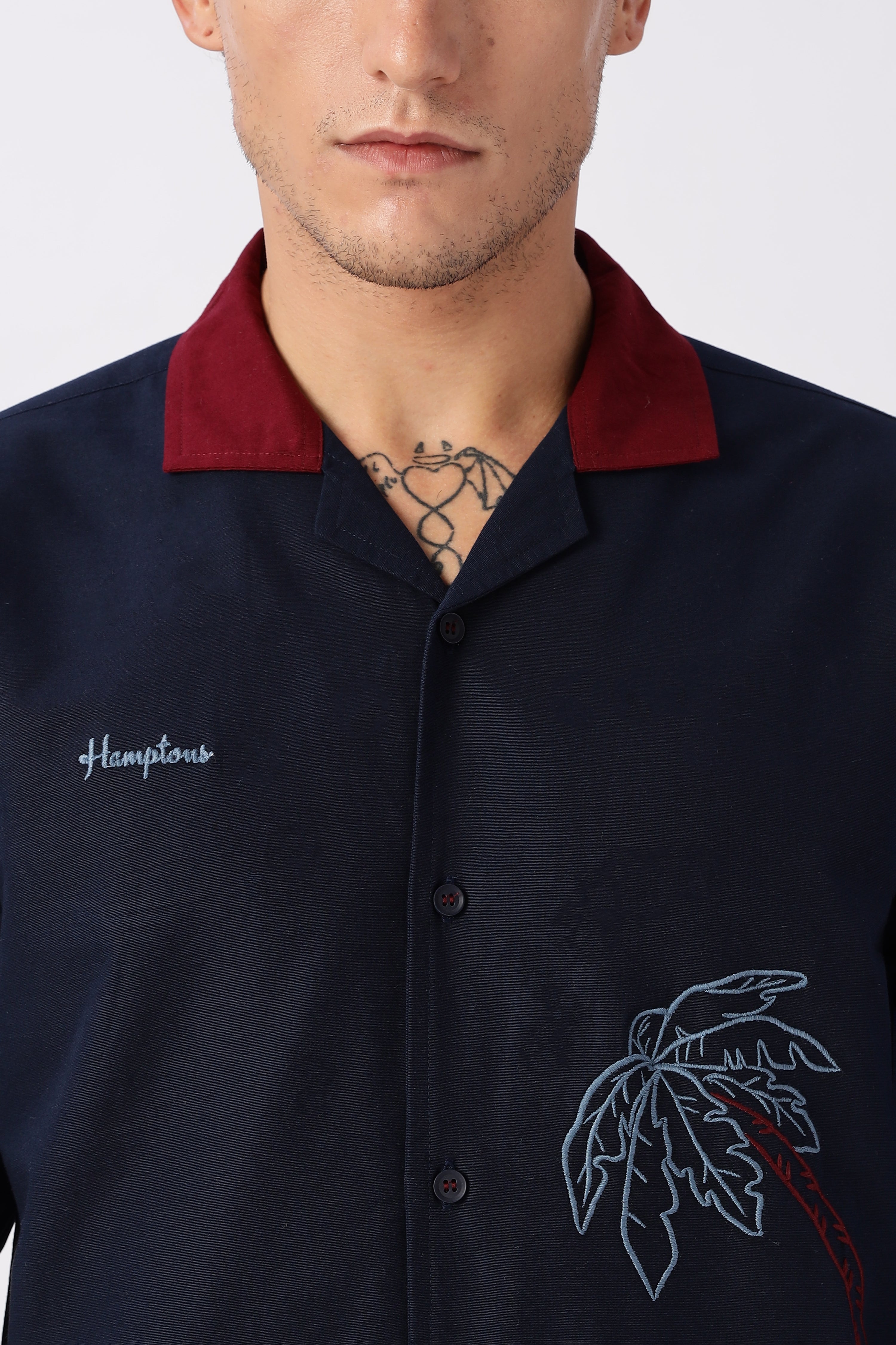 Midnight in Majorda Embroidered Palm Shirt with Wine Collar