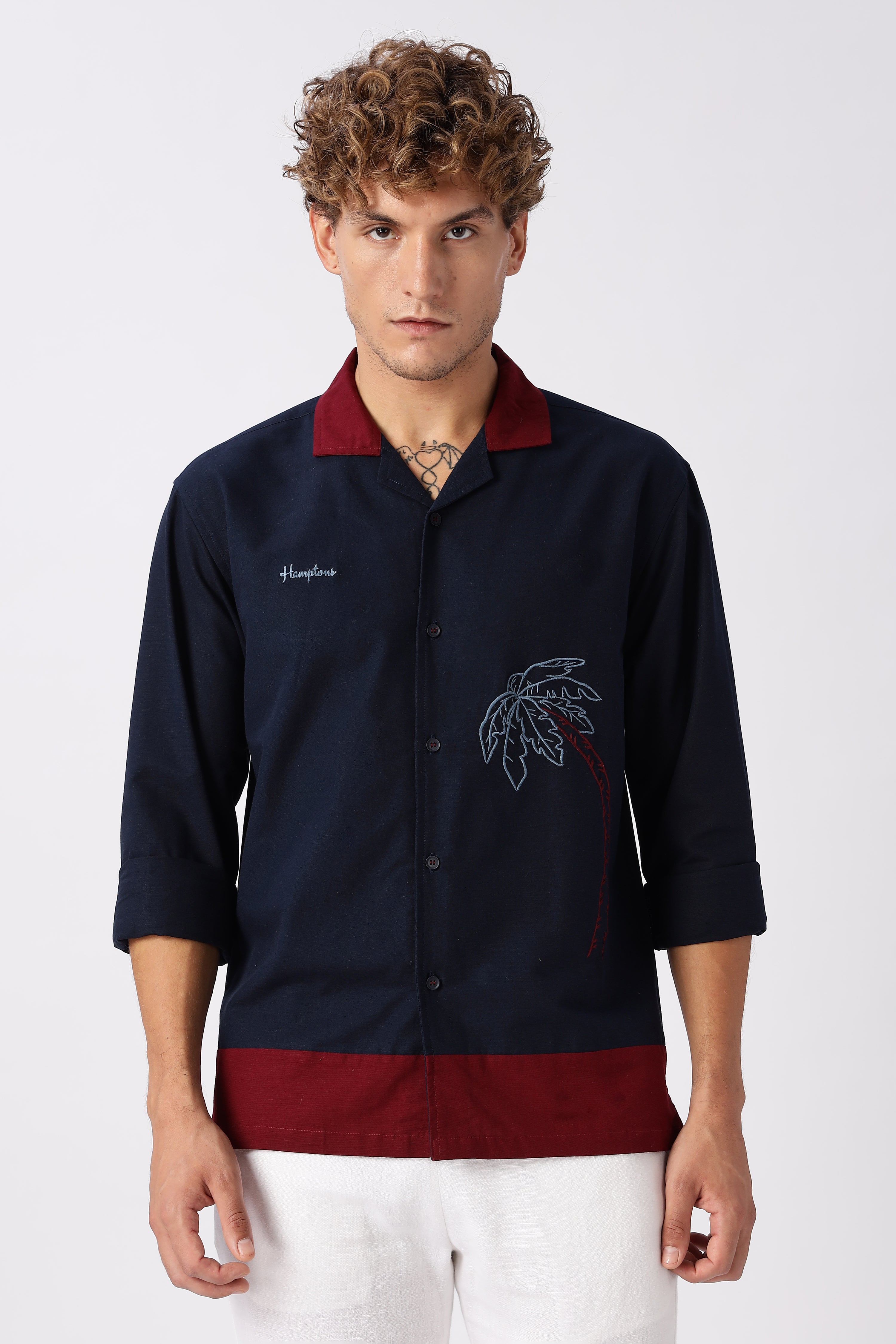Midnight in Majorda Embroidered Palm Shirt with Wine Collar