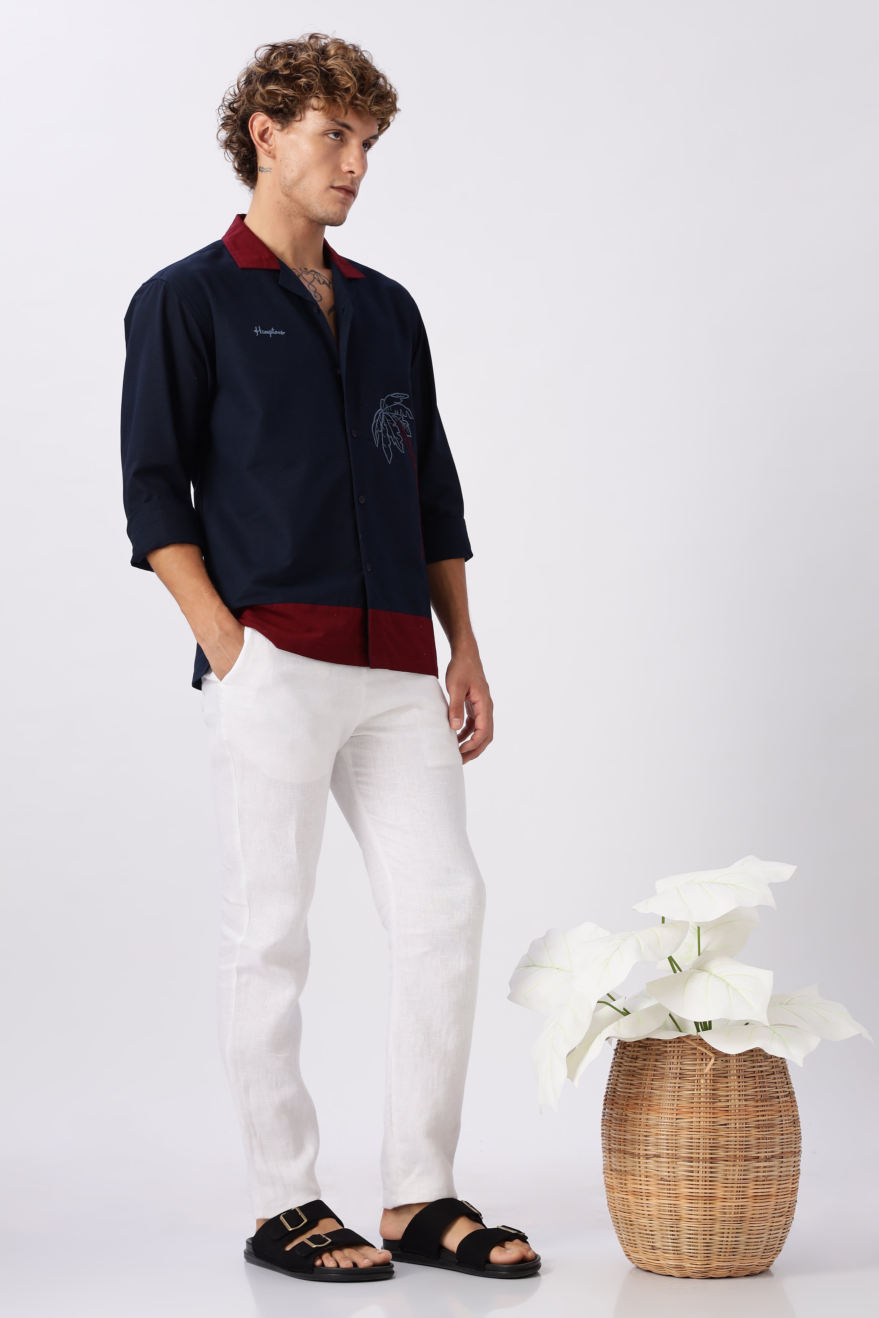 Midnight in Majorda Embroidered Palm Shirt with Wine Collar