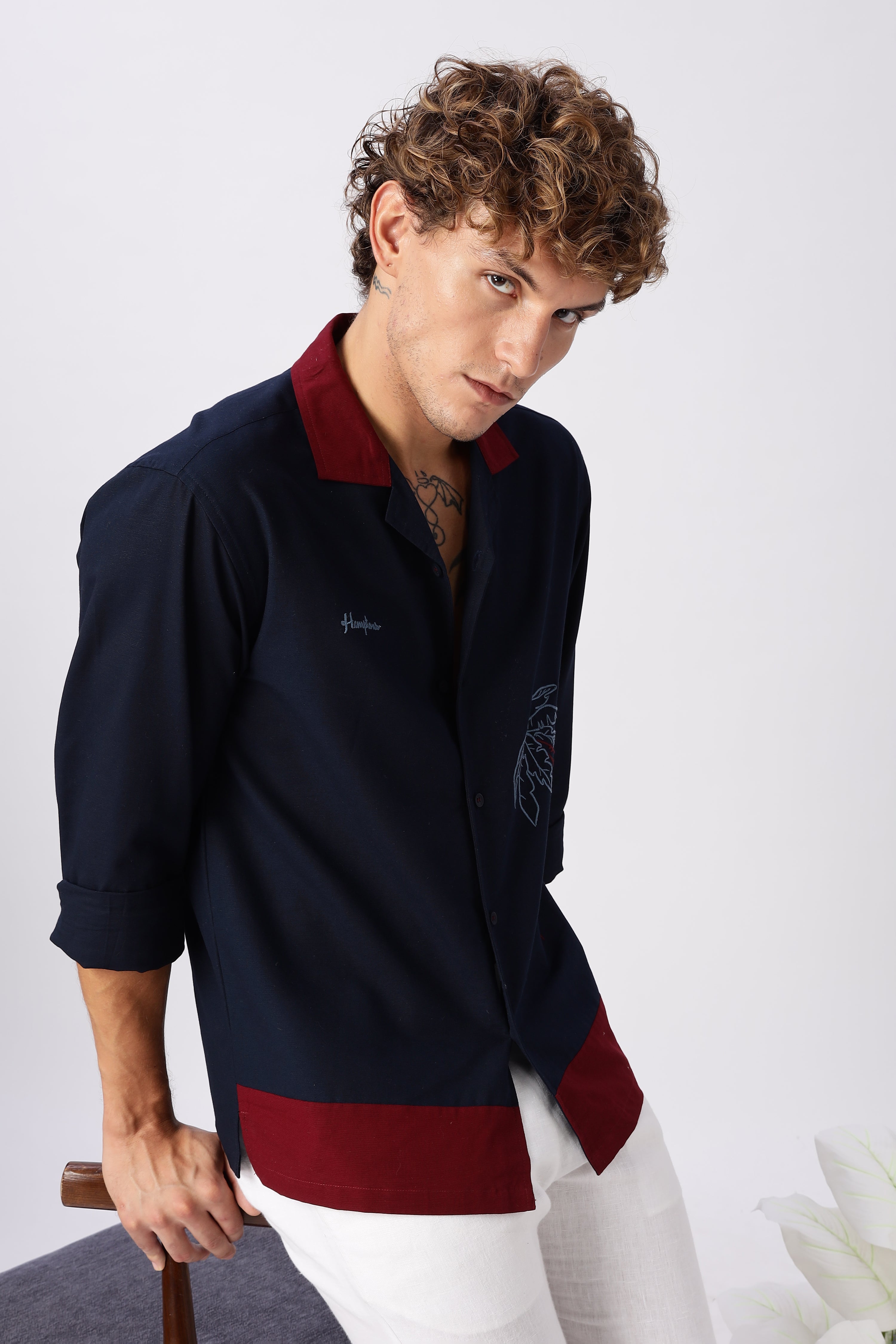 Midnight in Majorda Embroidered Palm Shirt with Wine Collar