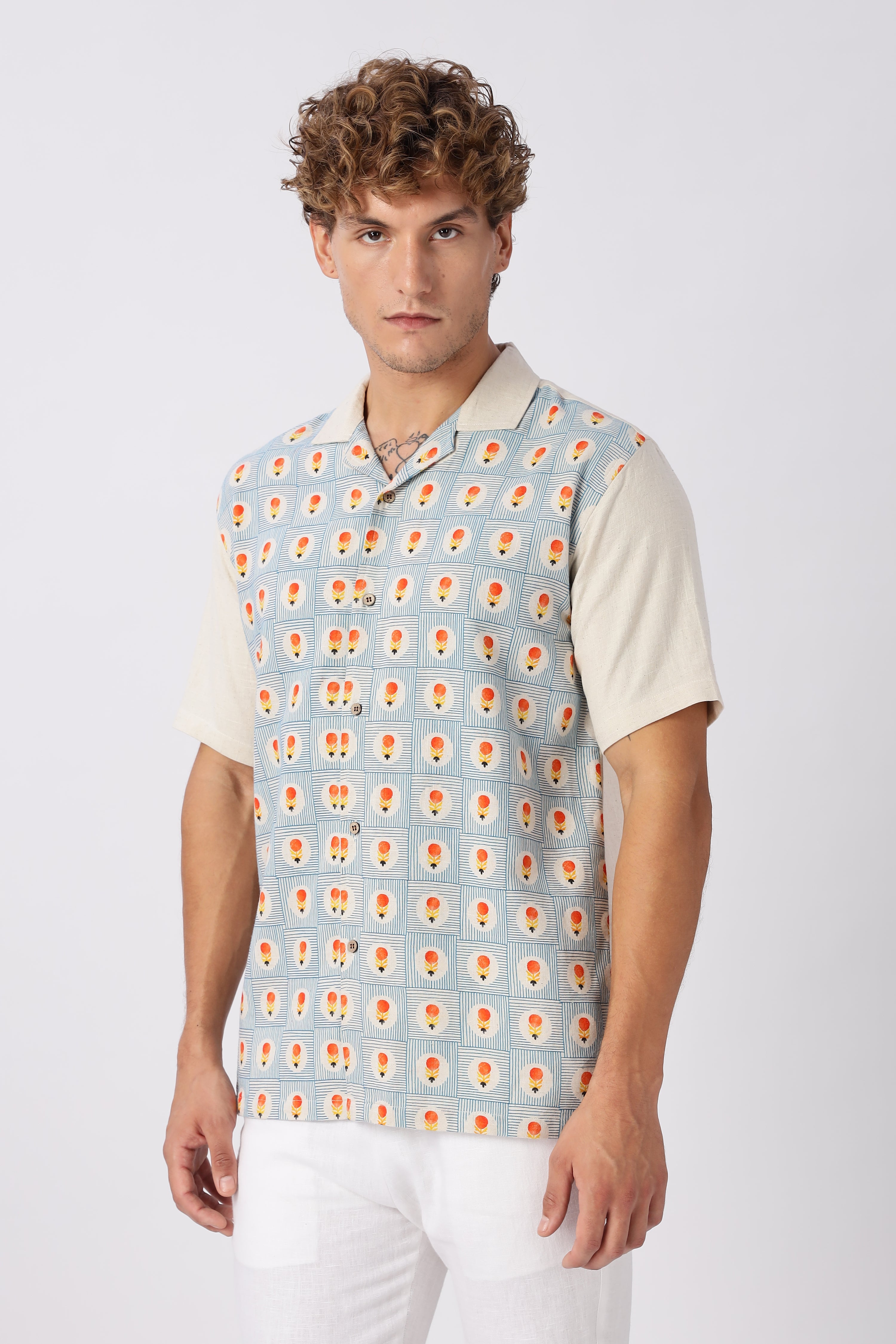 Retro Geometric Print Cuban Collar Style Shirt
