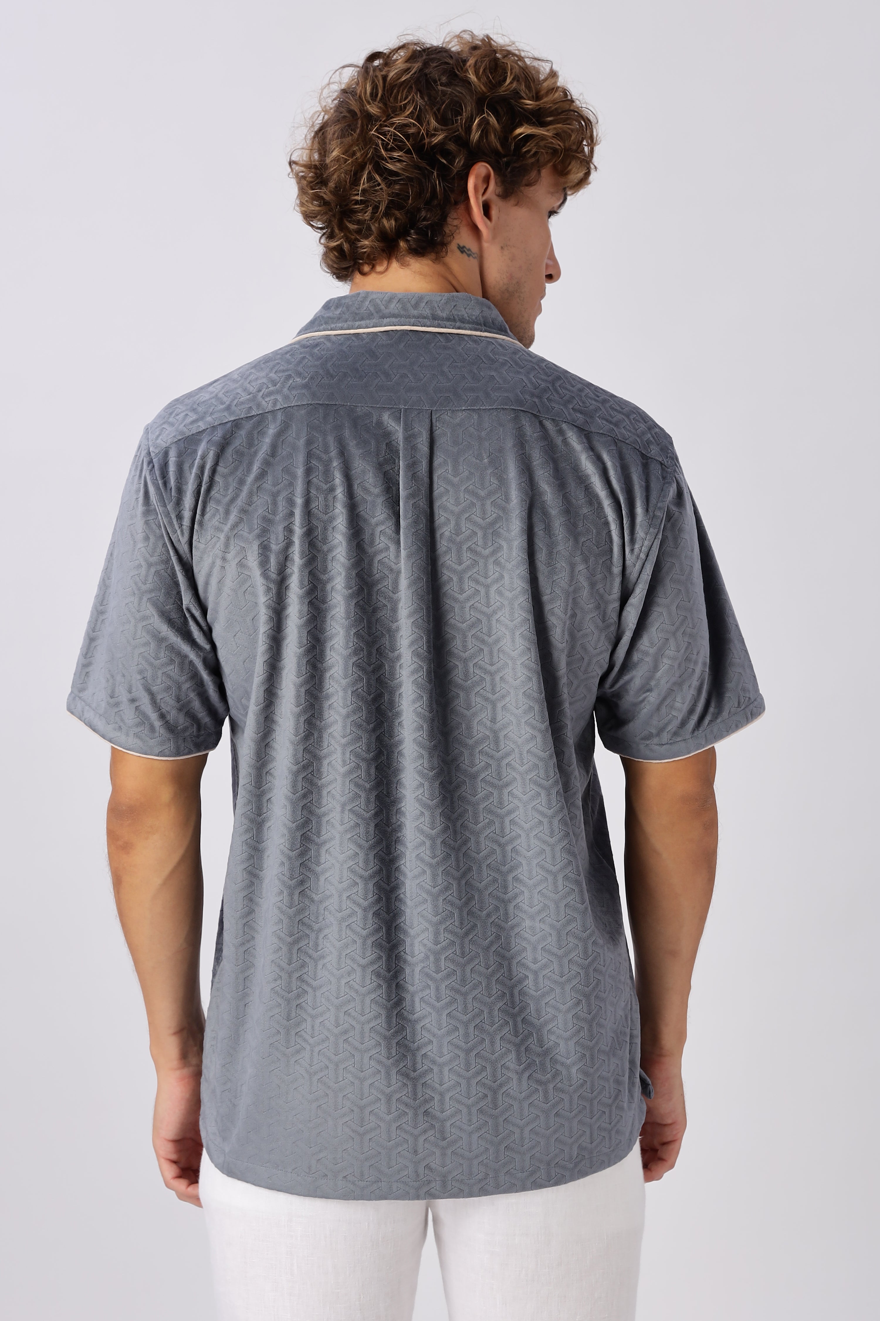 Palm Lines Navy Velour Embroidery Shirt