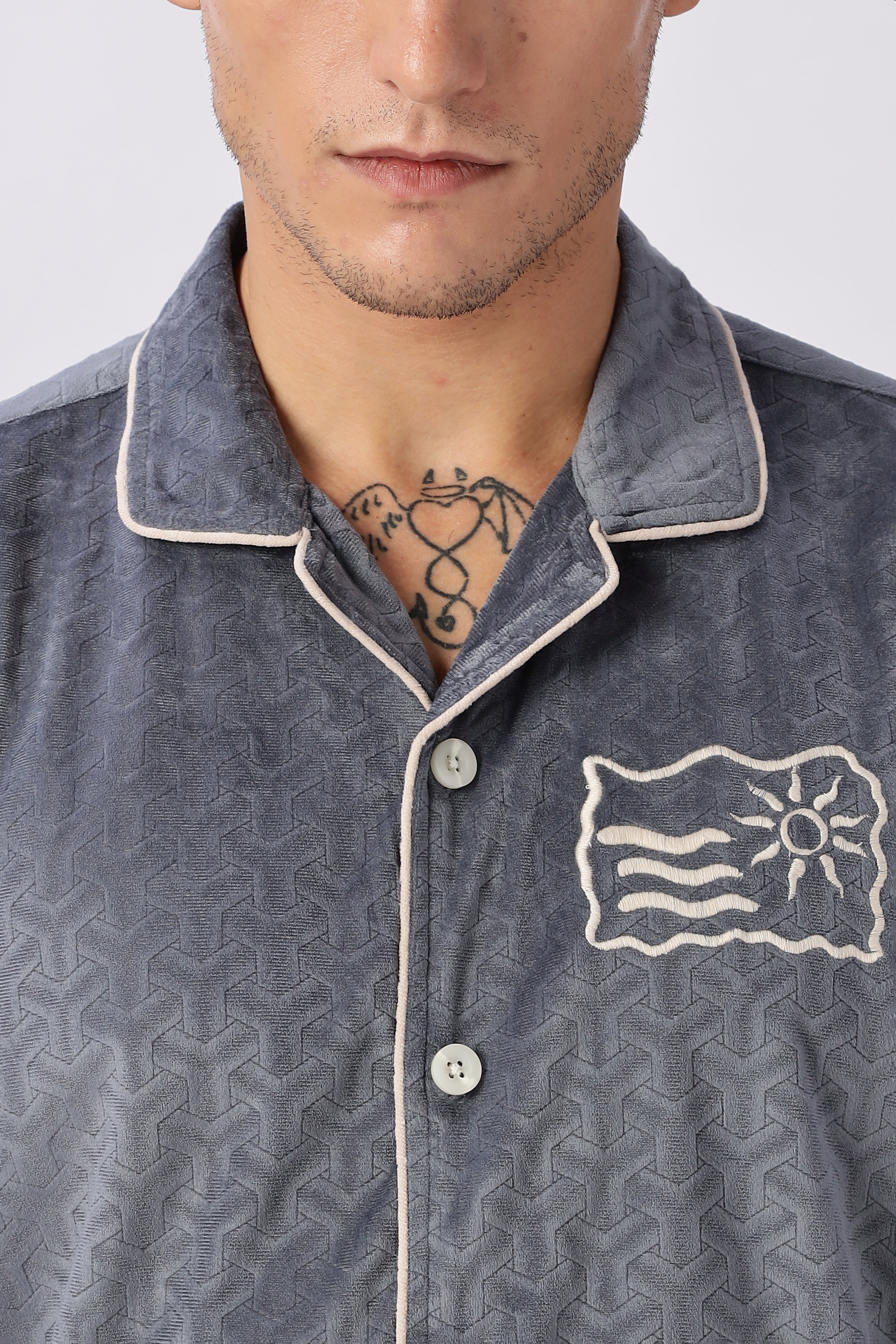 Palm Lines Navy Velour Embroidery Shirt