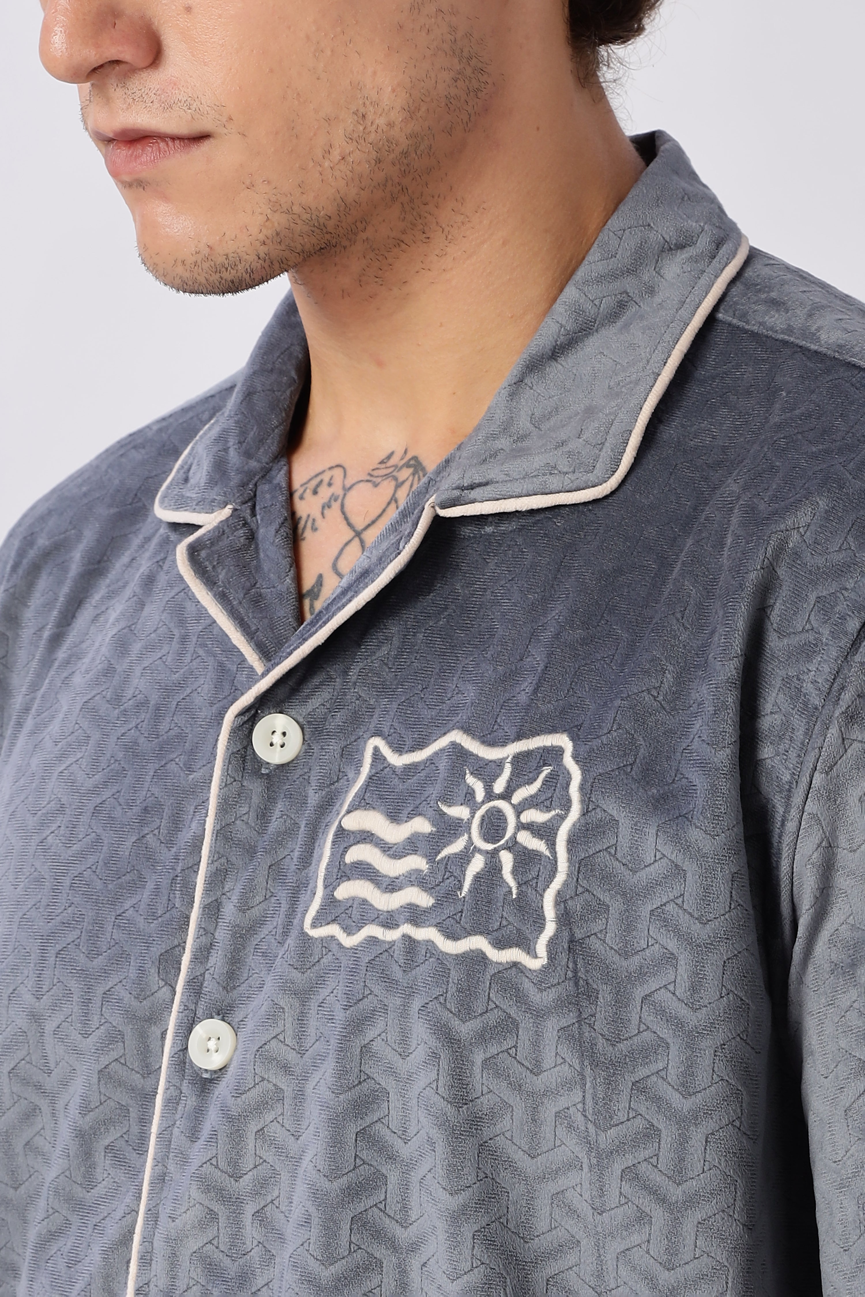 Palm Lines Navy Velour Embroidery Shirt
