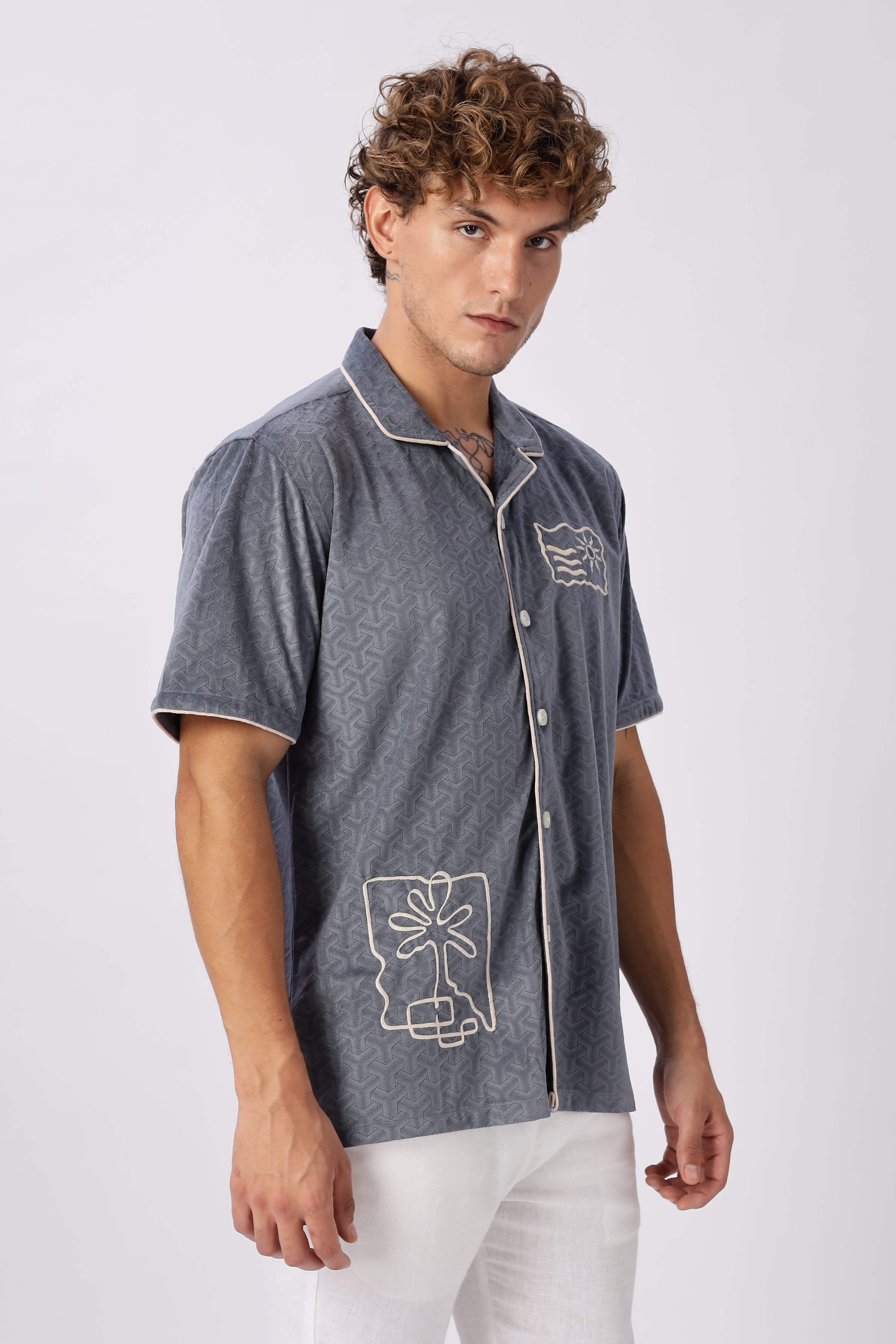 Palm Lines Navy Velour Embroidery Shirt
