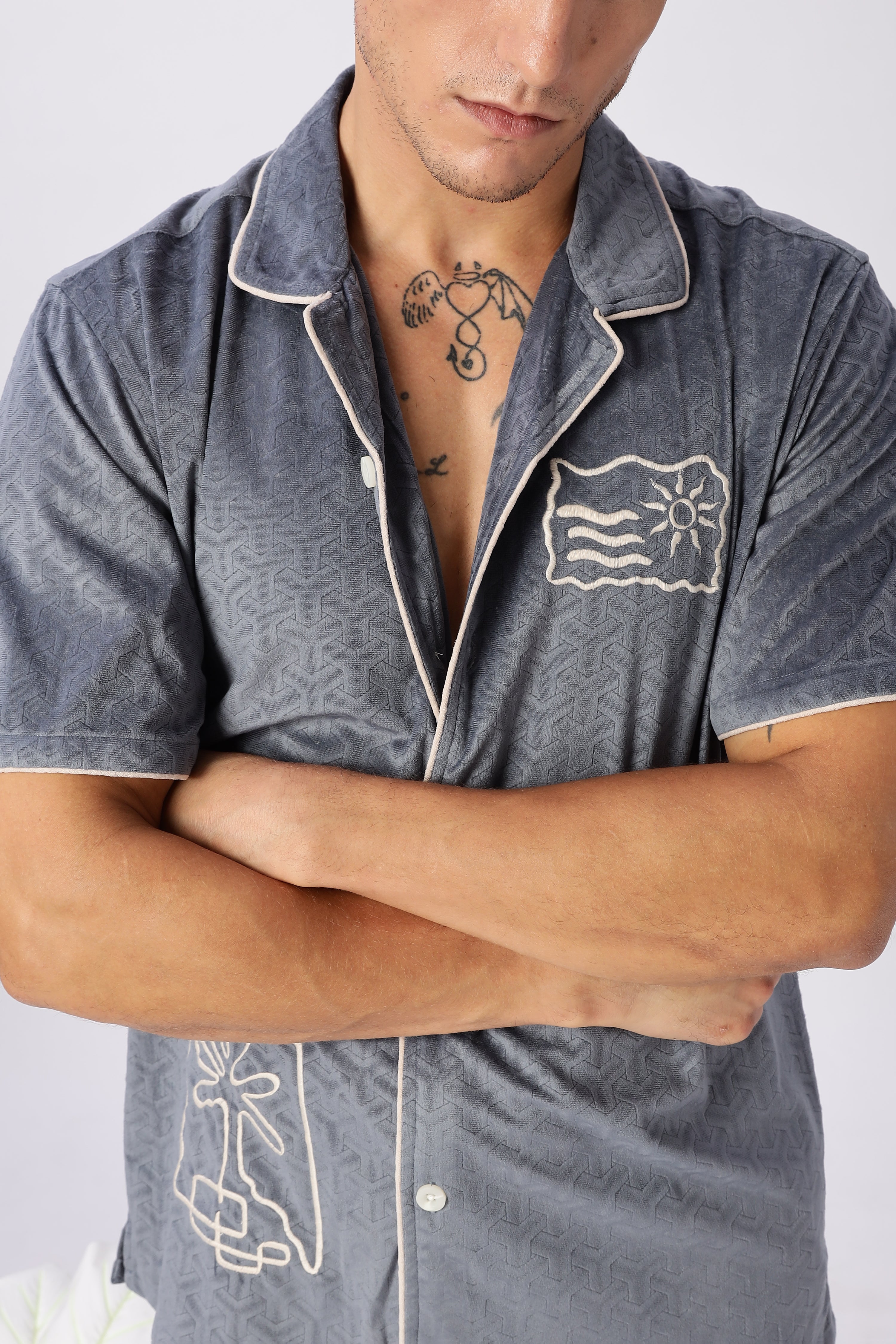 Palm Lines Navy Velour Embroidery Shirt