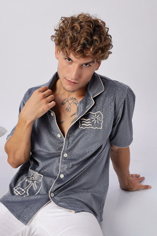 Palm Lines Navy Velour Embroidery Shirt