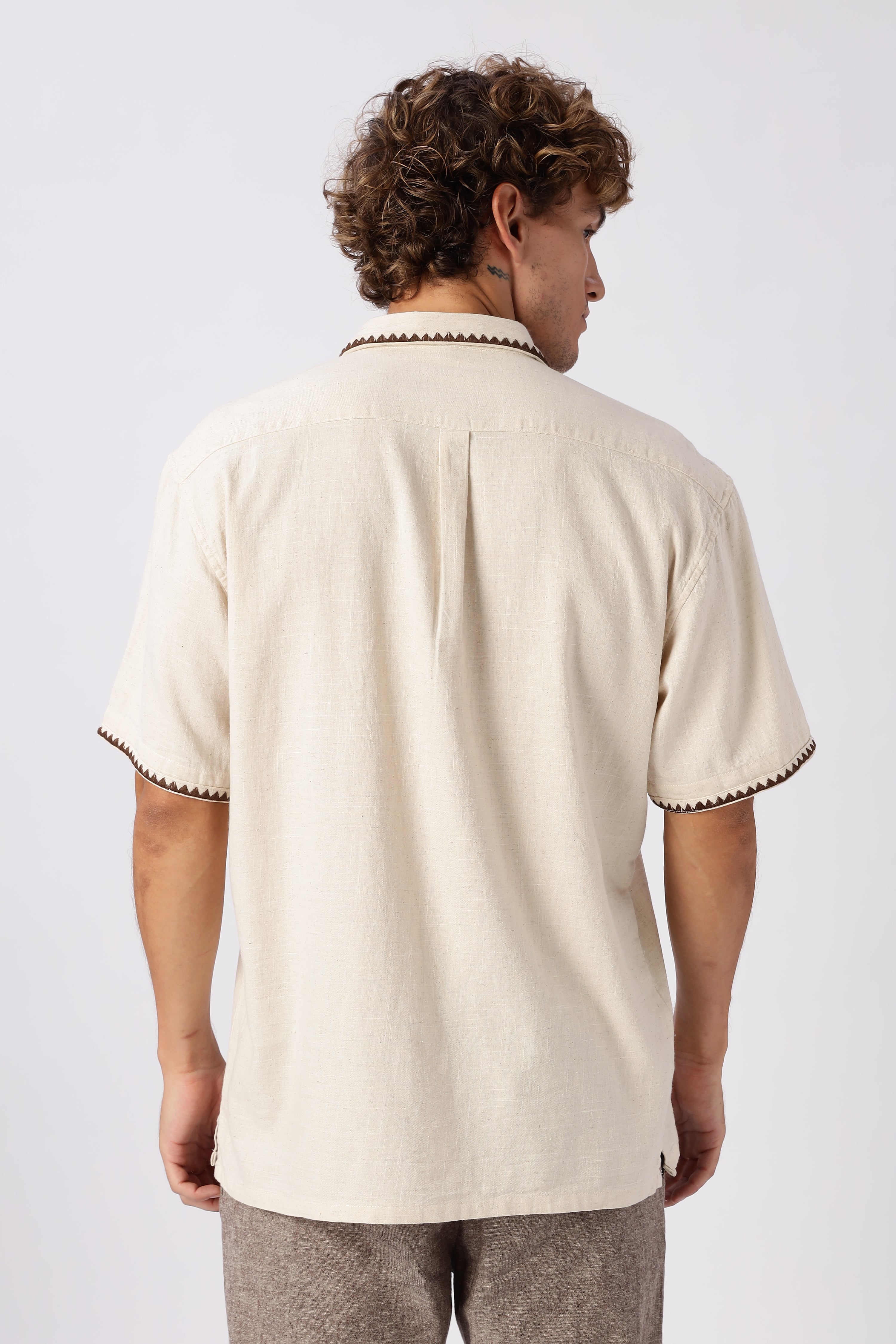 Cannabis Sativa Beige Embroidered Cuban Shirt