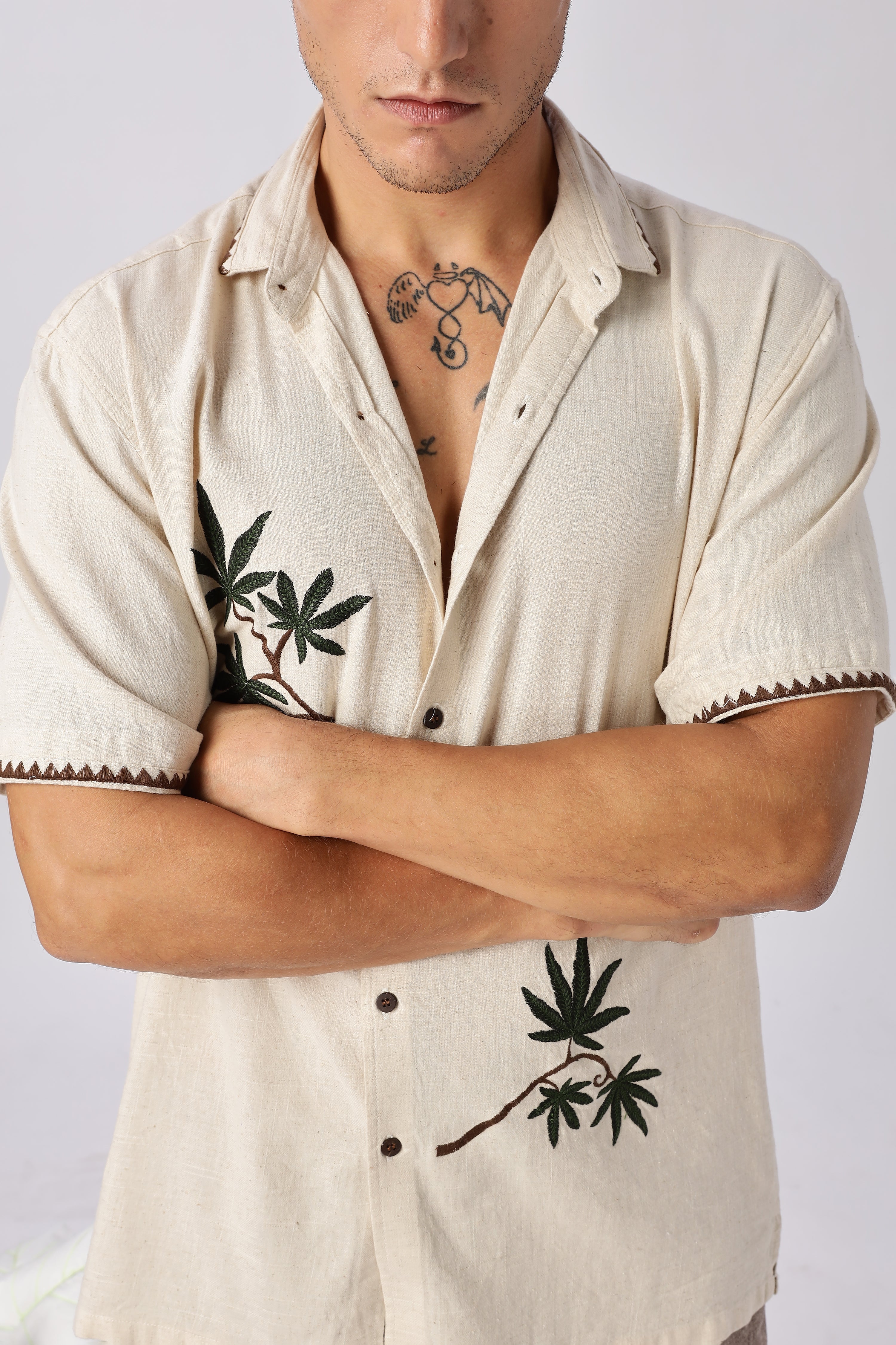 Cannabis Sativa Beige Embroidered Cuban Shirt